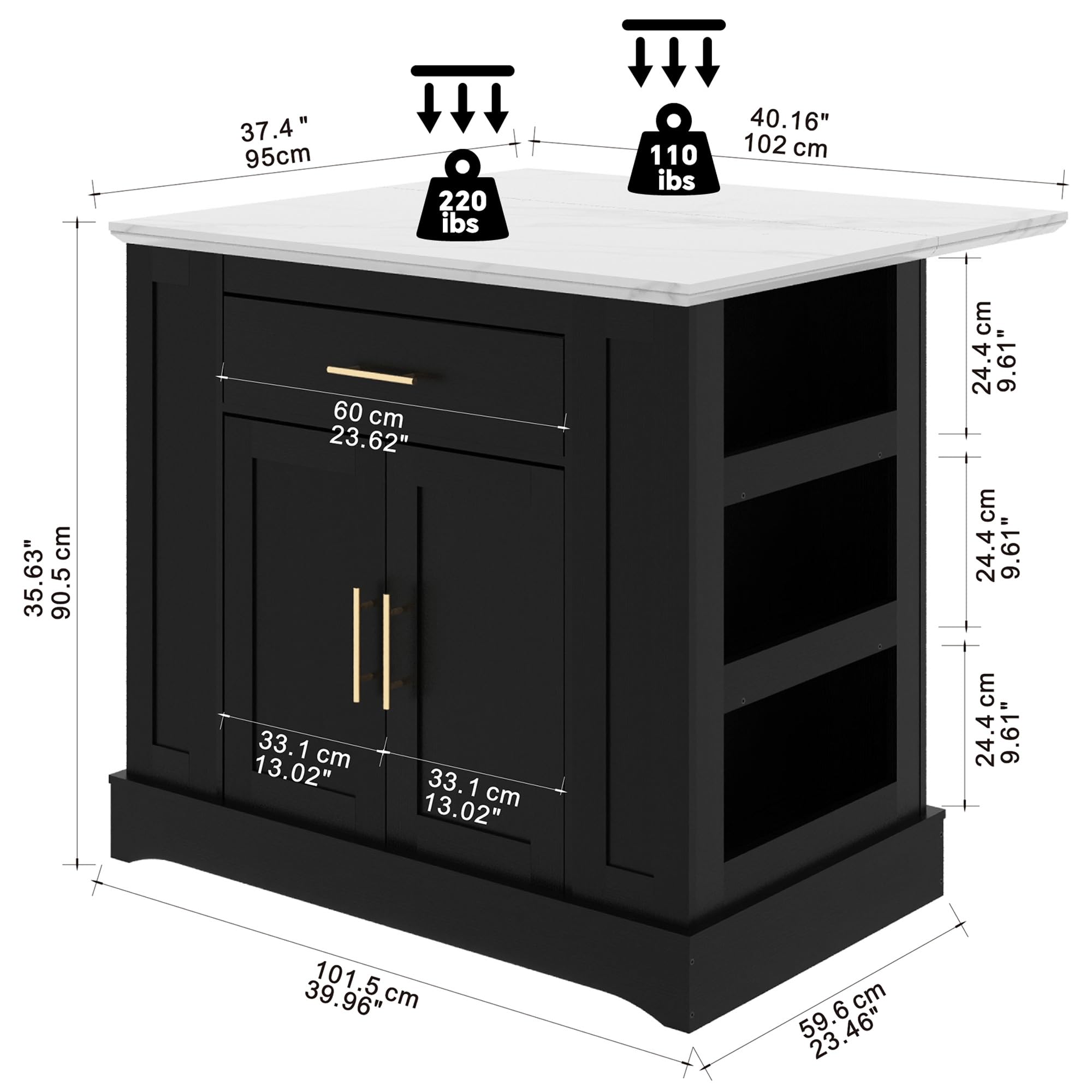 FUSUNBAO Large Kitchen Island with Storage, Power Outlet, Drawer, Adjustable Shelves, Side Compartments, Drop Leaf & Footrest, Black – Perfect for Small Kitchens and Open Floor Plans
