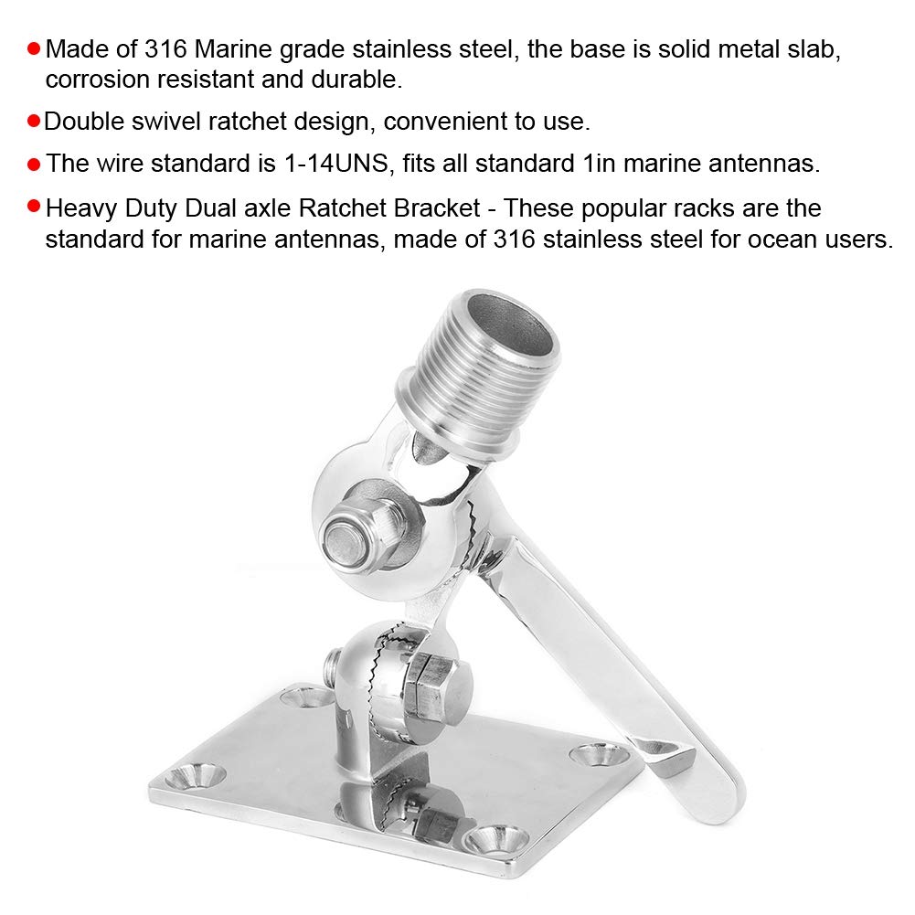 KIMISS Marine VHF Antenna Mount - Stainless Steel Adjustable Base Support Bracket for VHF Radio Antennas - Perfect for Boats, Yachts & Marine Communication Systems