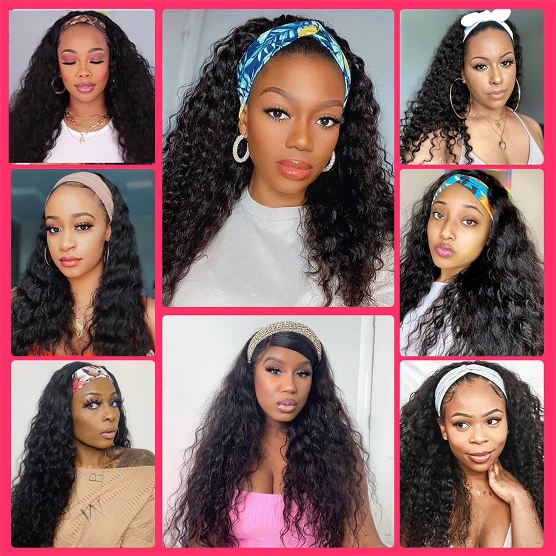 26 Inch Deep Wave Headband Wig - 100% Virgin Human Hair for Black Women | Glueless Curly Headband Wig with Natural Color | Perfect for Daily Wear, Parties & Special Occasions