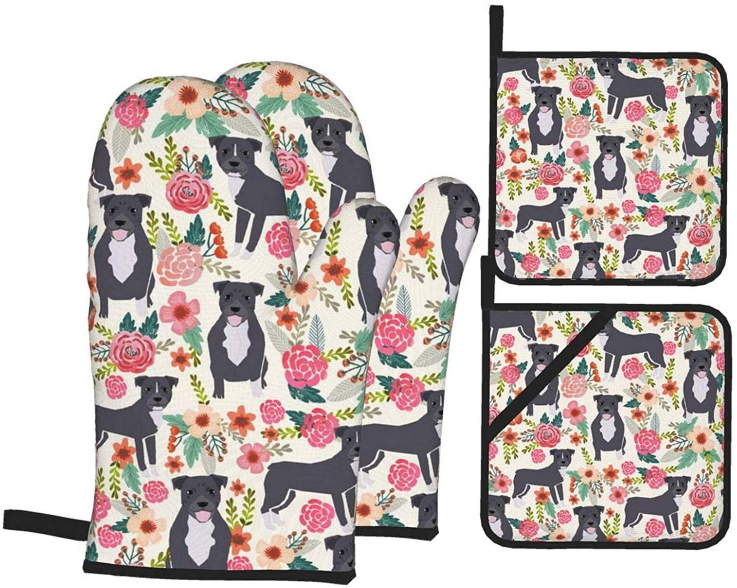 4-Piece Pitbull Terrier Floral Oven Mitts & Pot Holders Set - Non-Slip Kitchen Gloves for Cooking, Baking, Grilling - Perfect for Dog Lovers & Rescue Dog Supporters