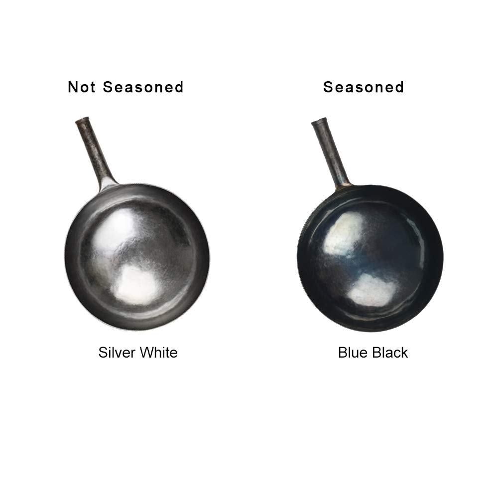 ZhenSanHuan 36cm Hand-Forged Carbon Steel Wok Pan - Traditional Chinese Hammered Iron Cookware - Blue-Black Seasoned with Helper Handle - Non-Stick, Coating-Free Stir Fry Pan - Perfect for Asian Cooking, Stir Frying & Home Kitchen Use