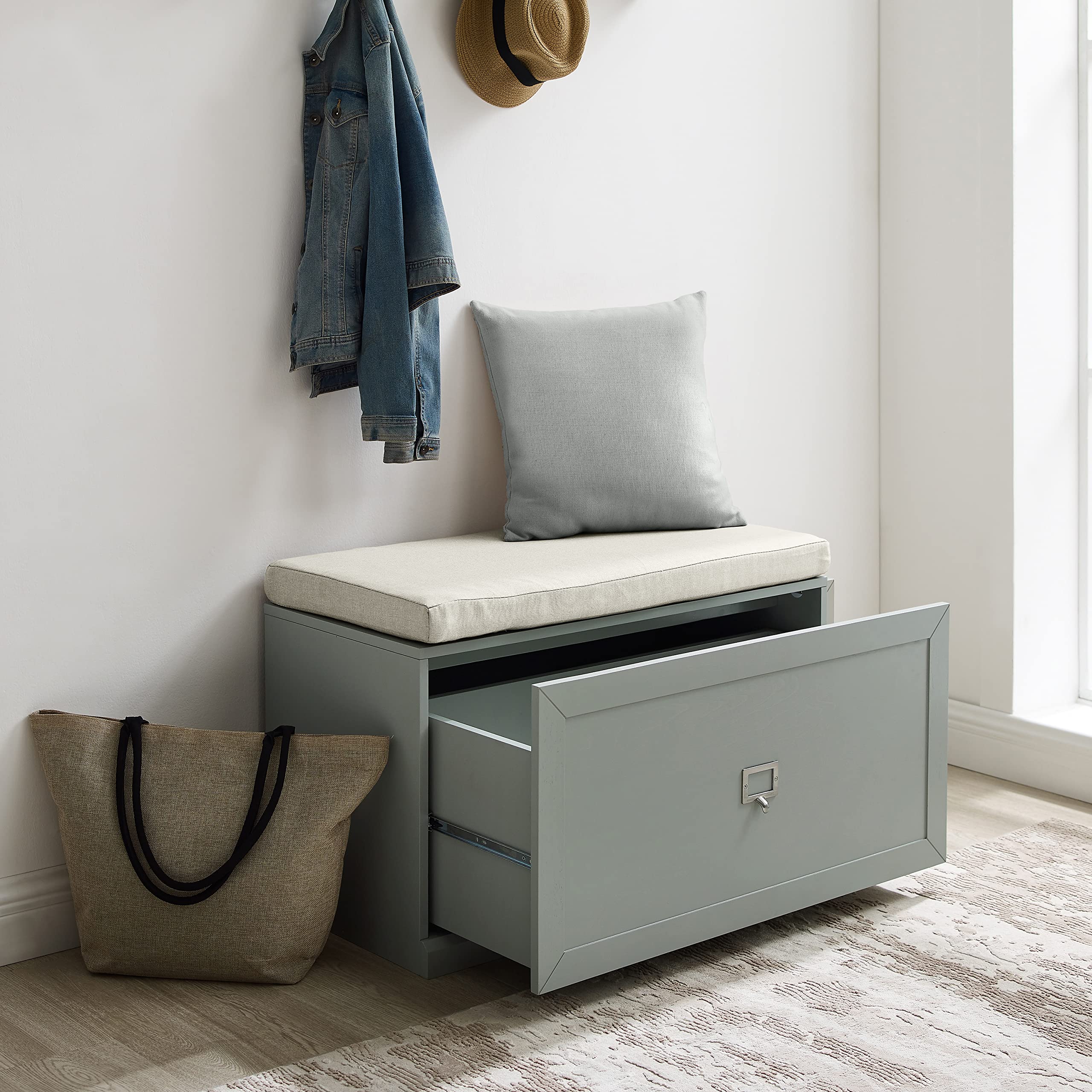 Crosley Harper Entryway Storage Bench with Shoe Rack & Organizer Drawer - Gray Wooden Hallway Bench for Entryway, Mudroom & Bedroom Organization