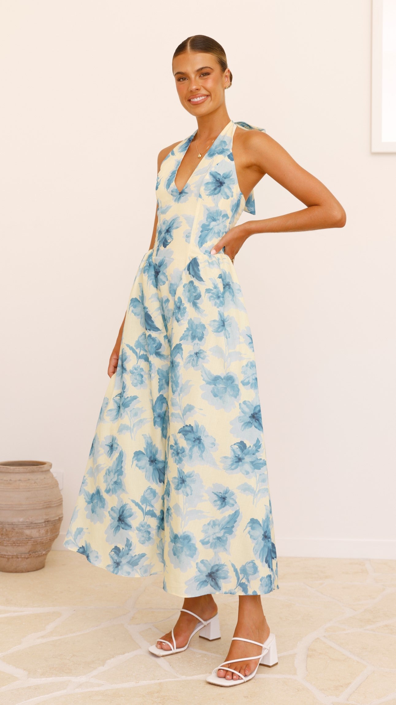 Bryony Halter Neck Maxi Dress - Yellow & Blue Floral Print Summer Beach Dress for Women | Perfect for Vacation, Pool Party & Boho Fashion