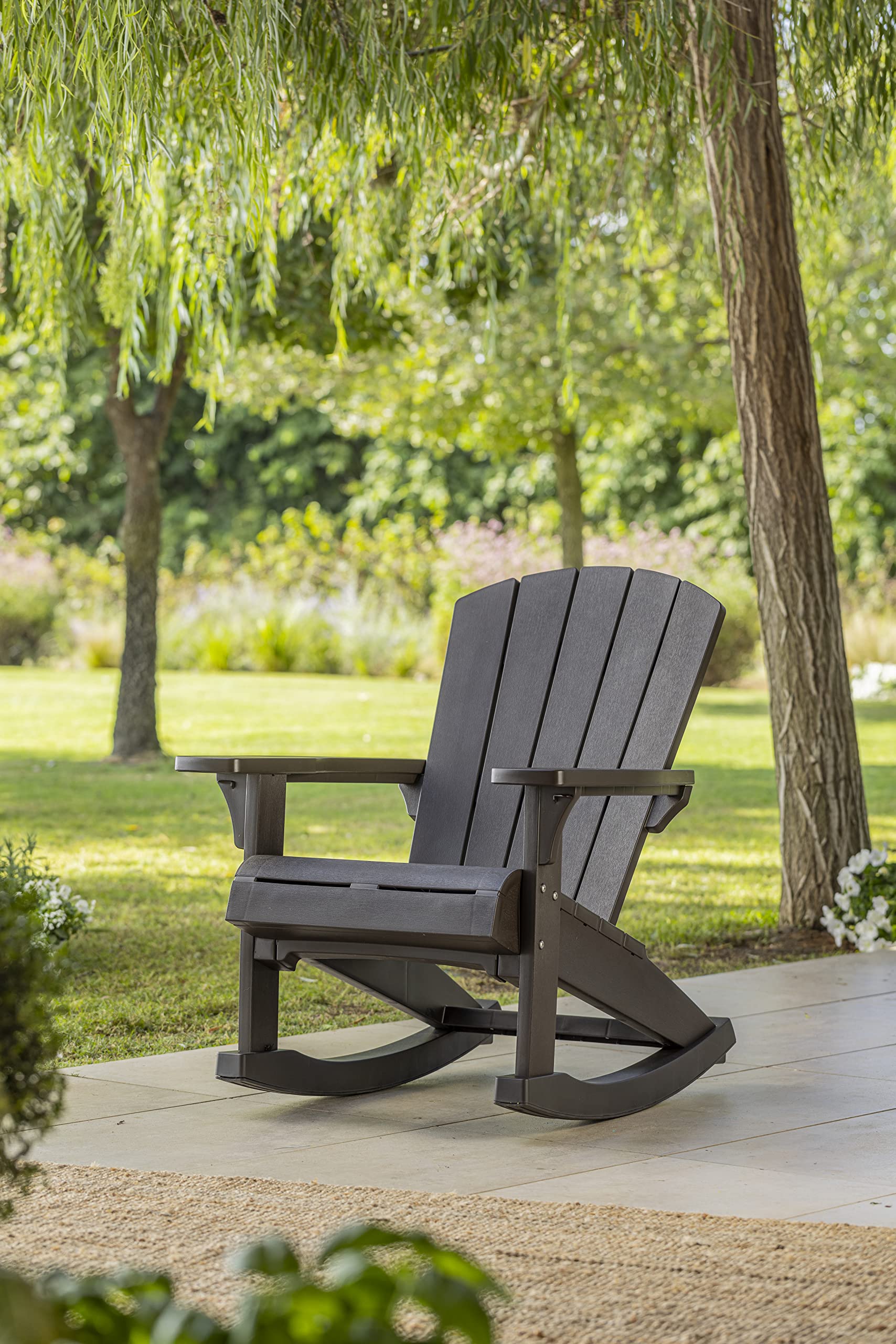 Keter Adirondack Rocker Resin Outdoor Patio Chair - Weather-Resistant Durable Plastic Furniture for Porch, Poolside, Garden & Fire Pit Seating - Comfortable Dark Grey Lounge Chair for Relaxing Outdoors