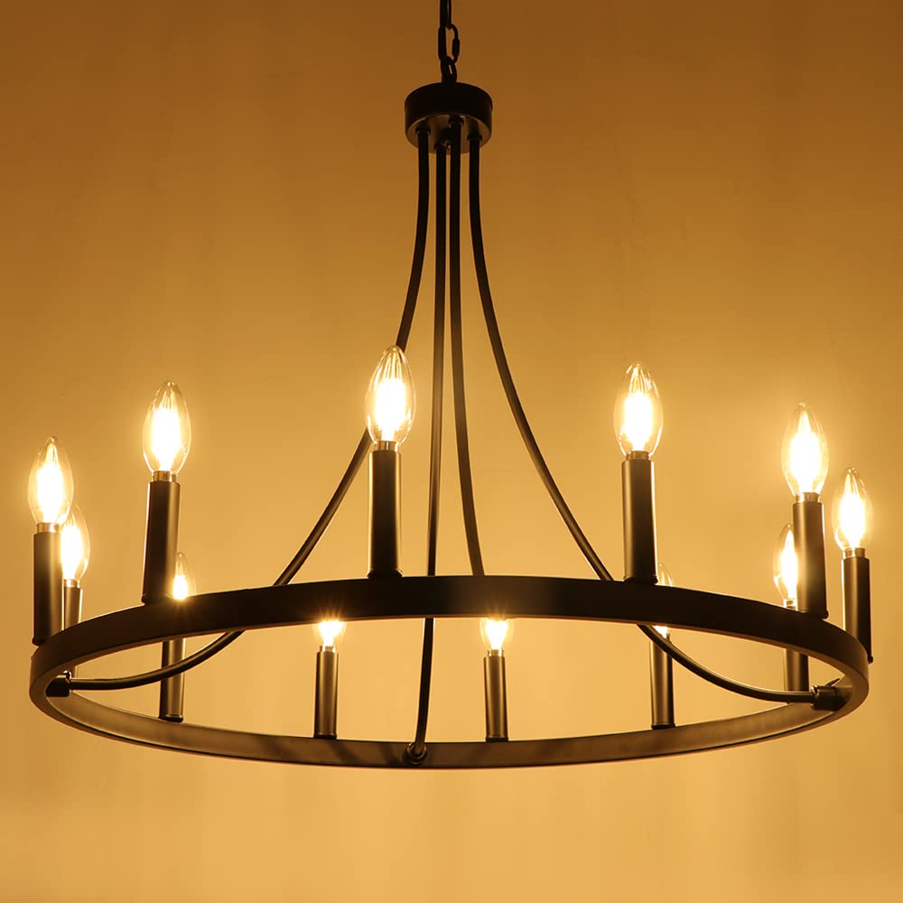 LynPon 12-Light Black Wagon Wheel Chandelier - 27 Inch Rustic Round Ceiling Light Fixture for Farmhouse & Industrial Decor | Perfect for Living Room, Dining Room, Kitchen, Foyer & Entryway Lighting