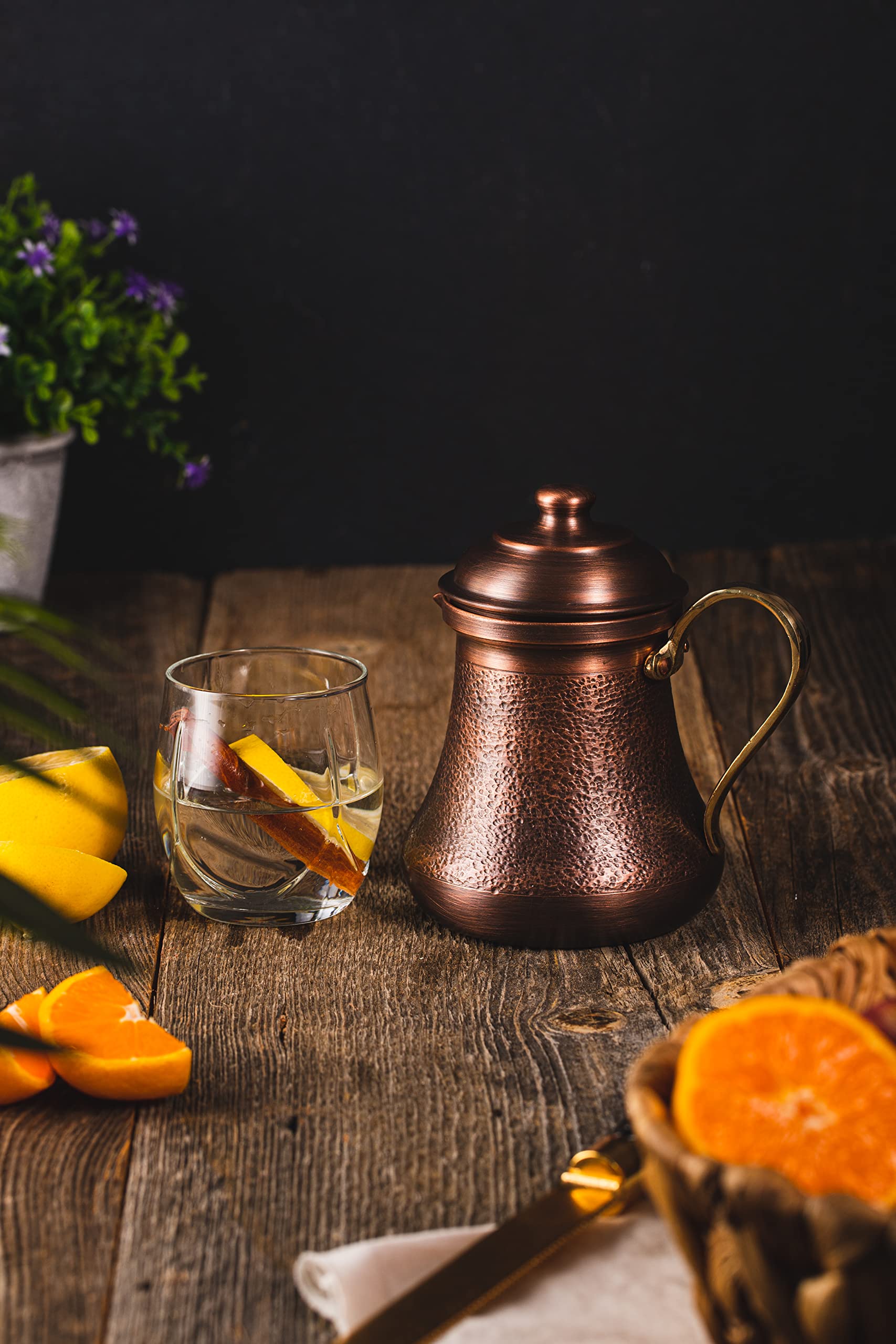 **DEMMEX 16oz Solid Pure Copper Mug with Lid – 1mm Thick Unlined Handmade Mini Pitcher for Coffee, Tea & Cocktails – Antique Copper Finish for Home, Office & Outdoor Use**