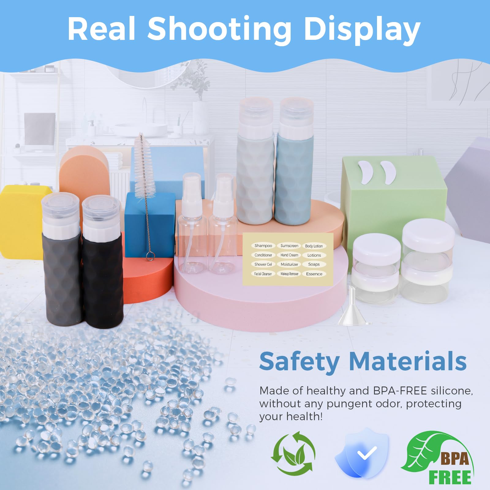 16-Pack TSA Approved Travel Bottles for Toiletries - Leak Proof Refillable Liquid & Cream Containers Set with Toiletry Bag (Gray) - Perfect for Air Travel, Camping & Vacation Essentials