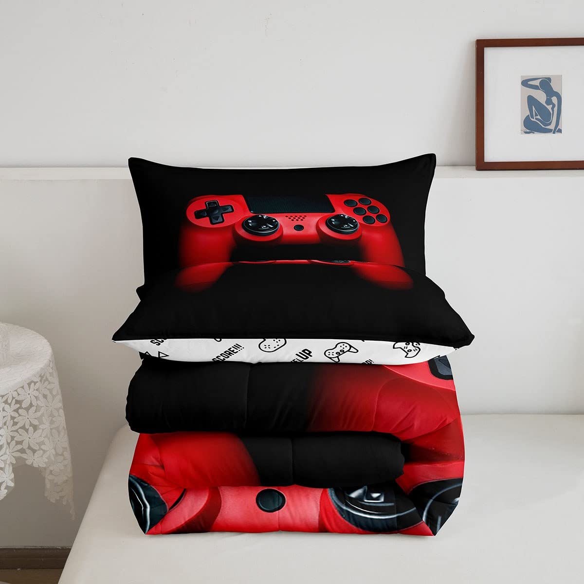Feelyou Gaming Bedding Set - Black & Red Video Game Comforter with Controller Design, 1 Queen Comforter + 2 Pillowcases (3Pcs) - Perfect for Teen Boys' Bedroom, Game Room Decor & Gift for Gamers