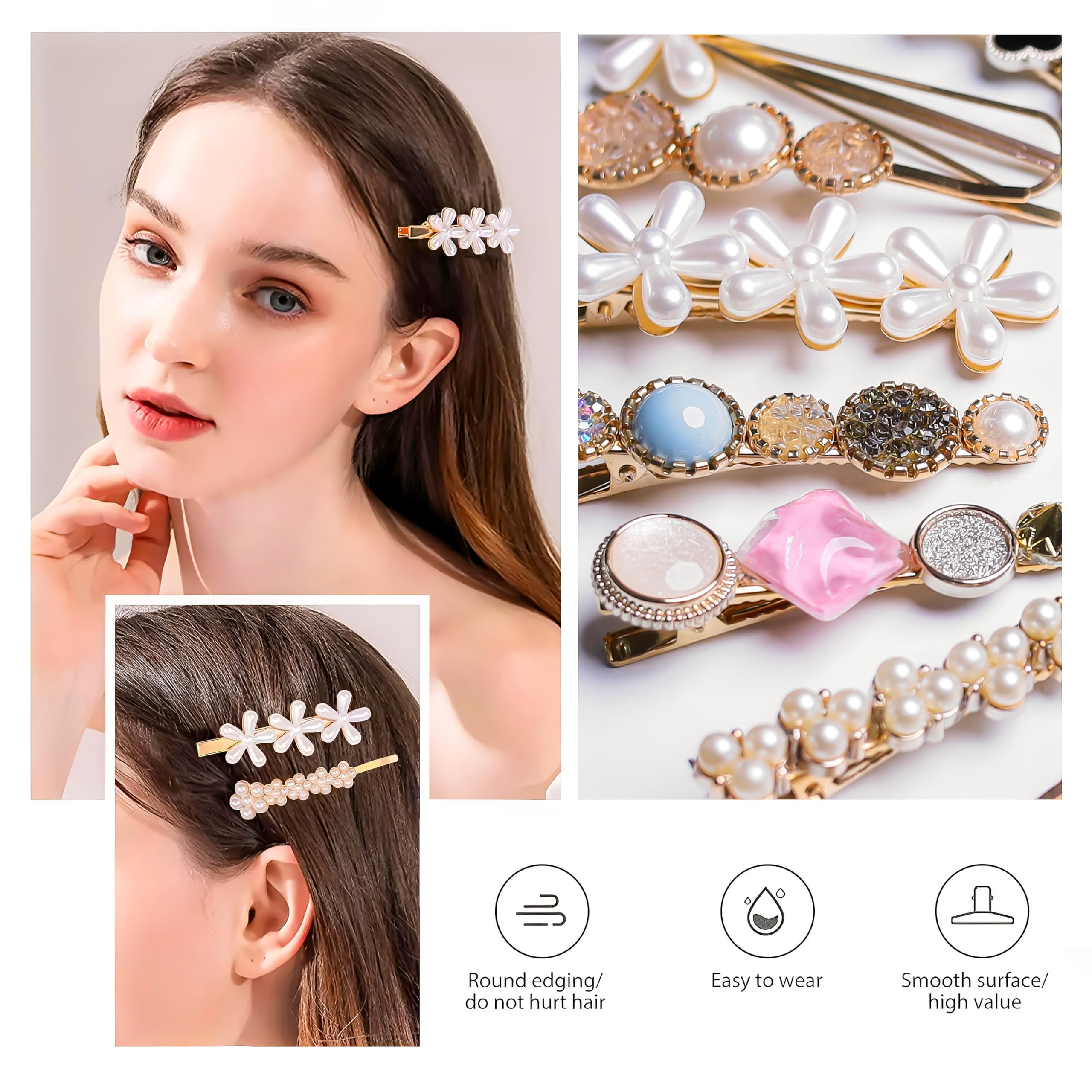 BellaStella Korean Pearl Rhinestone Hair Clips - Elegant Marble Alligator Bobby Pins for Women, Hair Jewelry Accessories for Weddings, Parties & Special Occasions