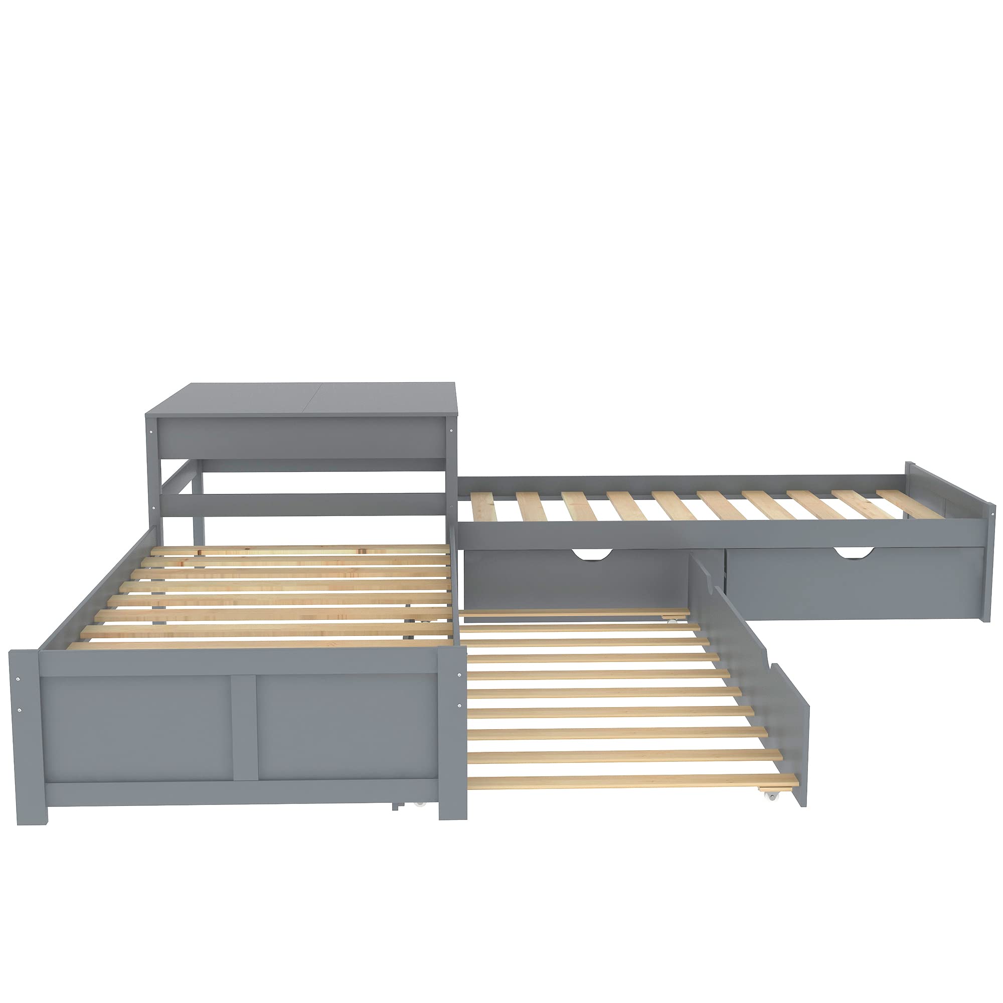 SOFTSEA L-Shaped Bed Frame with Trundle and Storage Drawers - Low Profile Corner Bed Platform with Built-in Nightstand for Small Spaces | Perfect for Studio Apartments, Dorm Rooms & Kids' Bedrooms