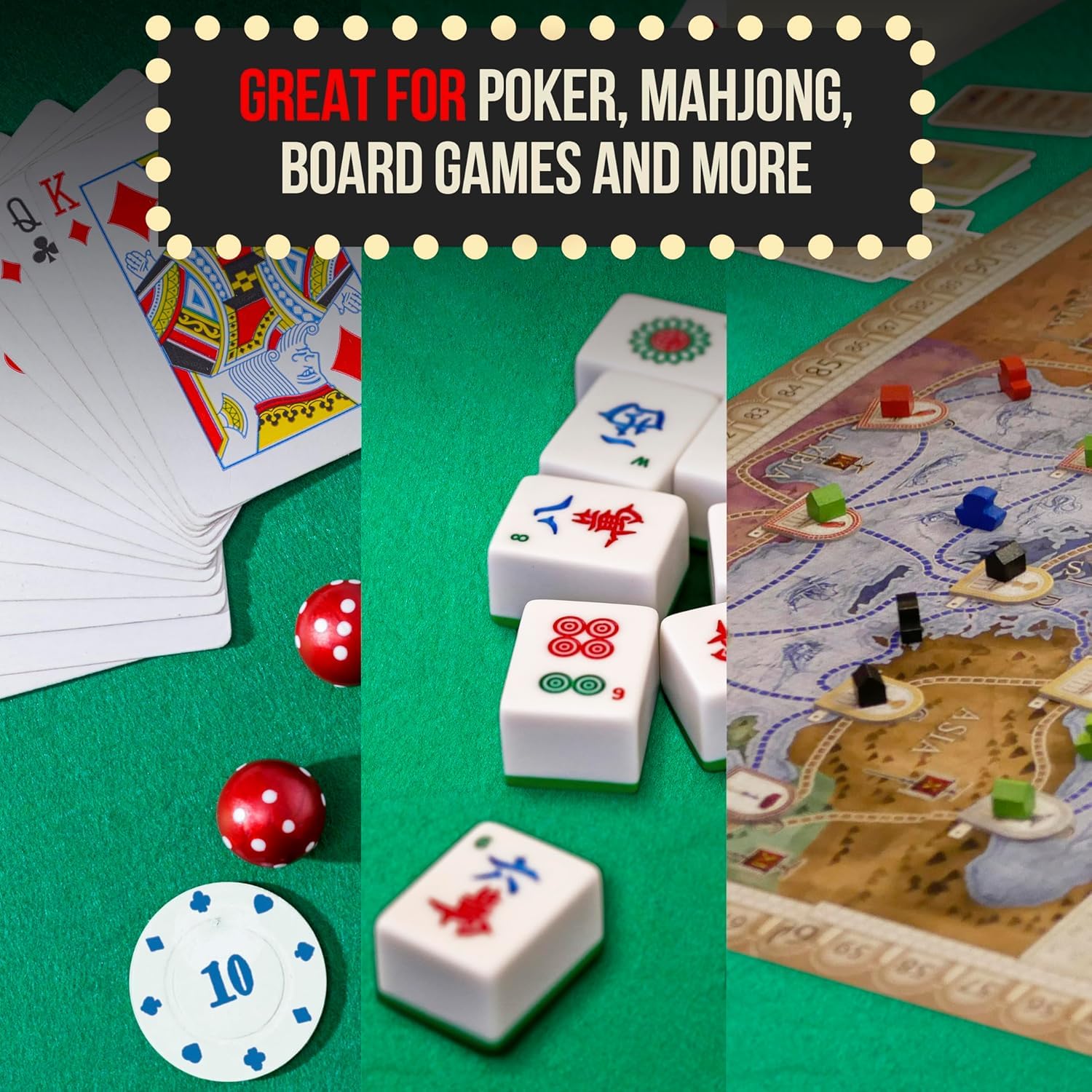 Premium Felt Card Game Table Cover for Poker, Mahjong, Dominoes & Board Games - Stretchable Elastic Fitted Tablecloth Fits 54 to 60 Inch Round Tables (Green) - Perfect for Game Nights, Casino Parties & Family Gatherings