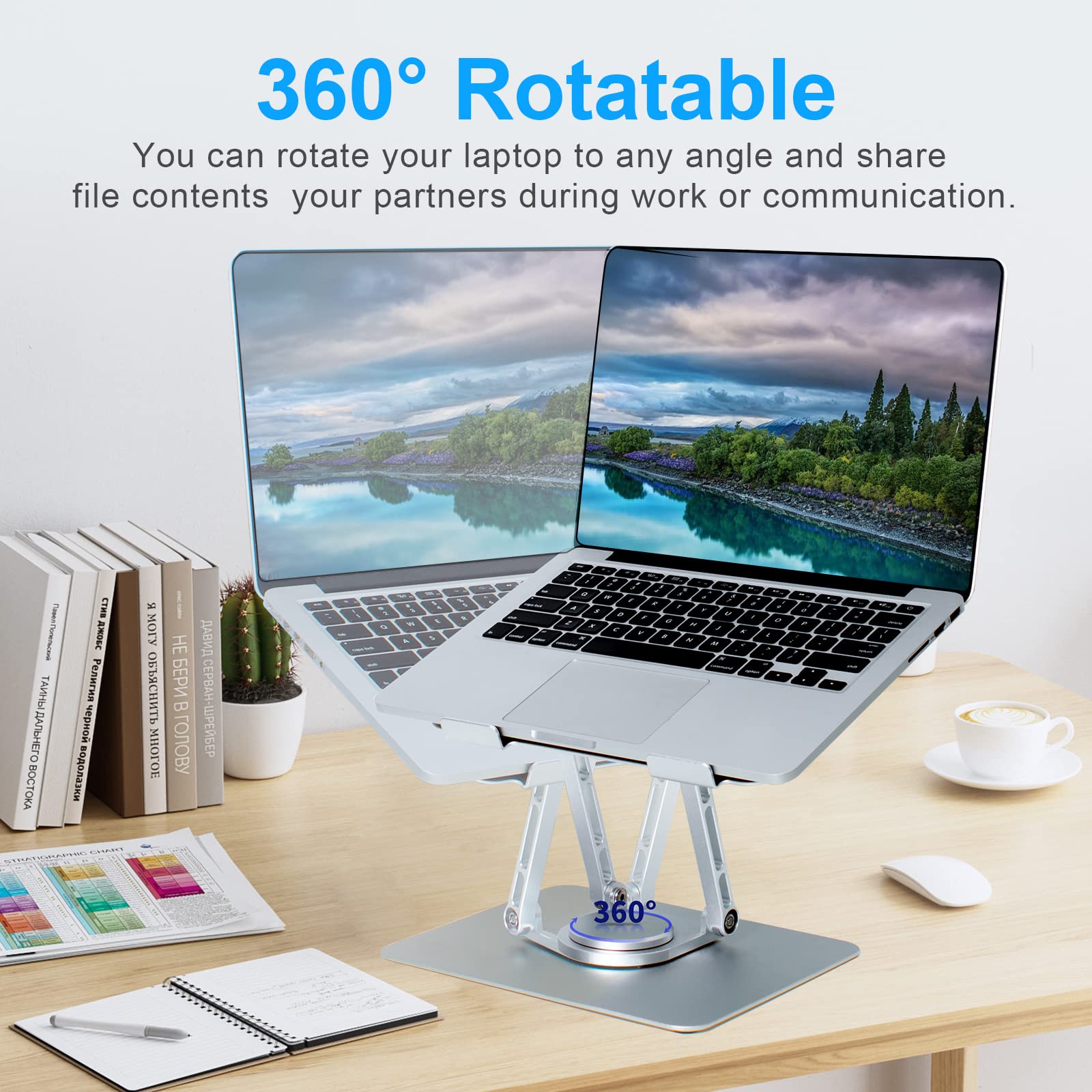 360° Rotating Foldable Laptop Stand - Adjustable Aluminum Alloy Cooling Riser for 10-17 Inch Notebooks, Compatible with MacBook, iPad, Dell, Asus, HP, Lenovo & More - Perfect for Home, Office, and Travel Use