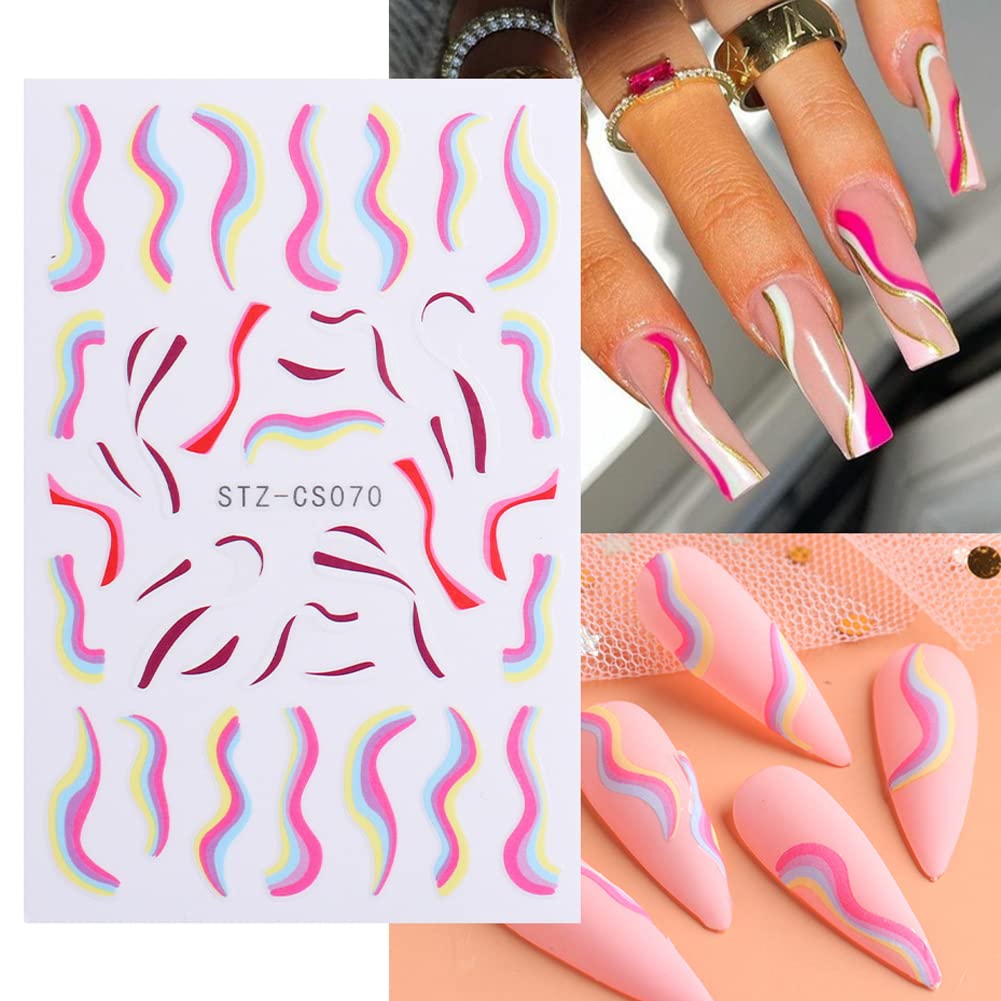 12 Sheets French Nail Art Stickers - 3D Self-Adhesive Colorful Wavy Line Nail Decals for Women & Girls - DIY Manicure Accessories for Home, Salon & Party Nail Designs