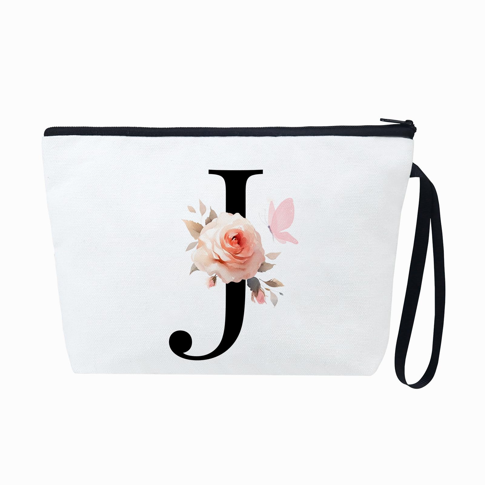 Personalized Initial Makeup Bag - 12OZ Canvas Cosmetic Pouch with Floral Butterfly Design (Letter J) | Travel Toiletry Organizer for Women, Perfect for Gym, Vacation & Daily Use