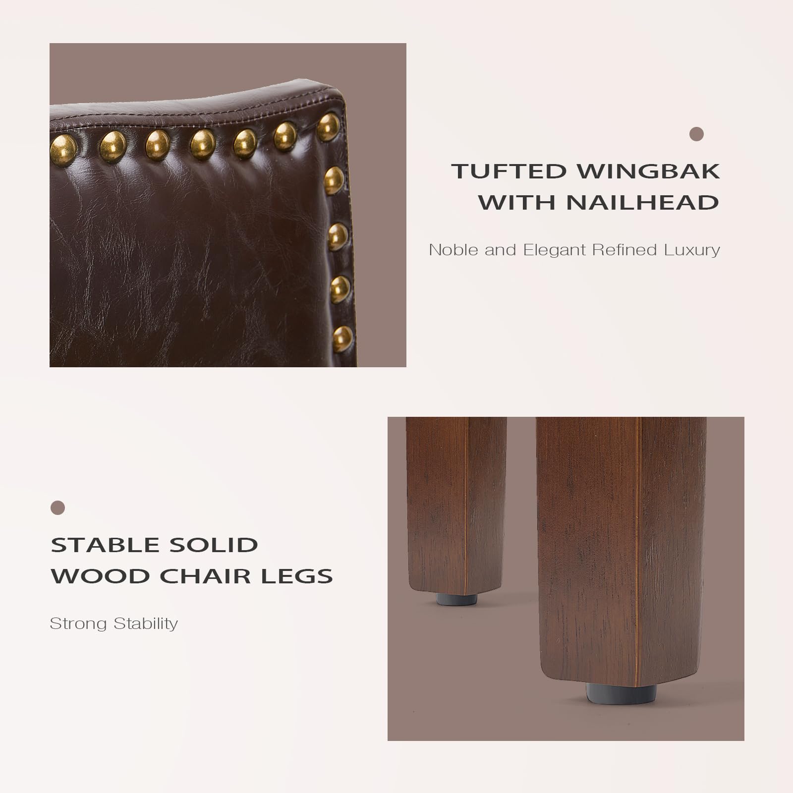 DUMOS Set of 2 Modern Upholstered Leather Dining Chairs with Nailhead Trim & Wood Legs - Mid-Century Accent Chairs for Kitchen, Dining Room, Living Room - Dark Brown Home Decor for Family Gatherings & Dinner Parties