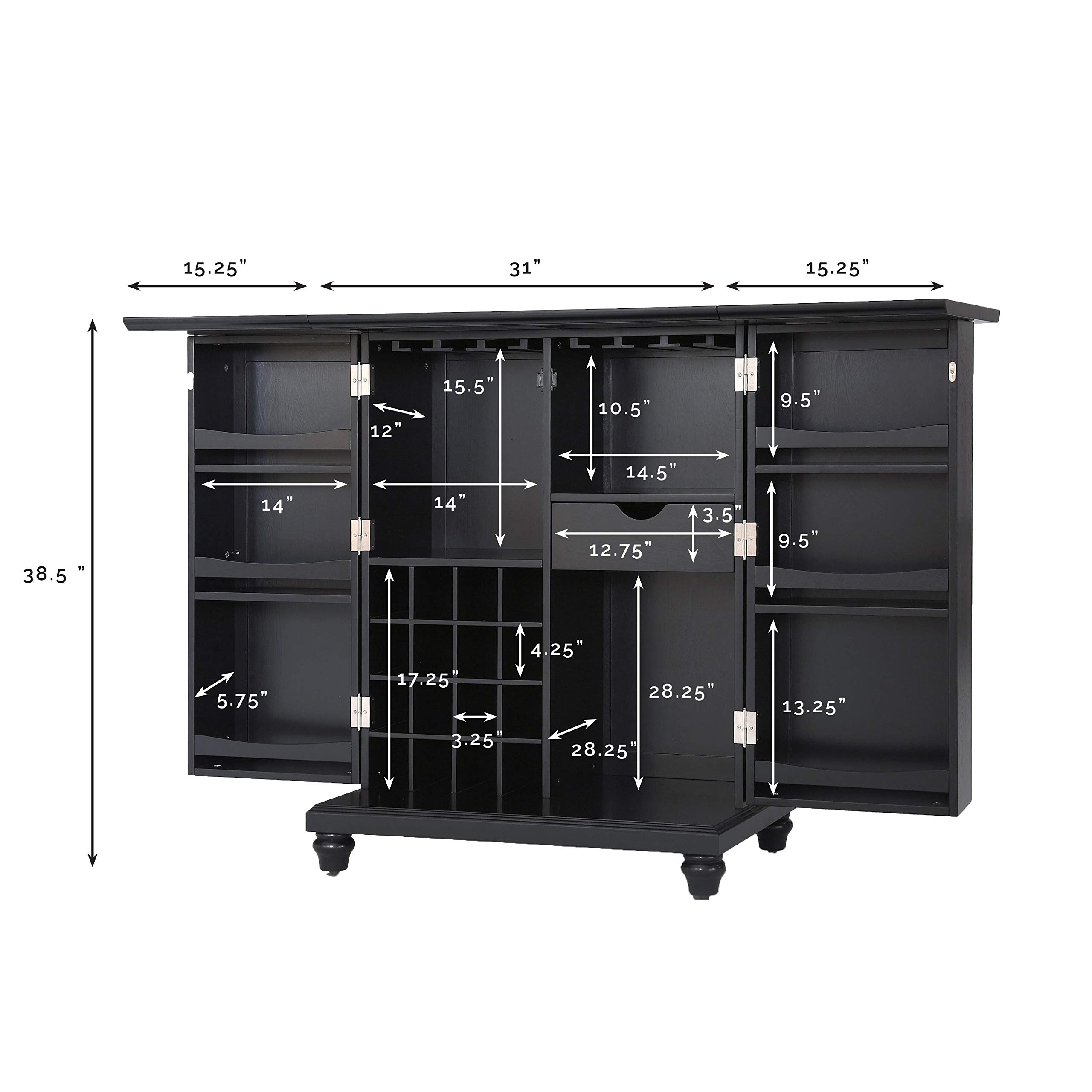 Crosley Cambridge Expandable Bar Cabinet with Storage Shelves, Drawer & Wine Rack - Black | Home Bar Furniture for Living Room, Dining Room & Entertaining