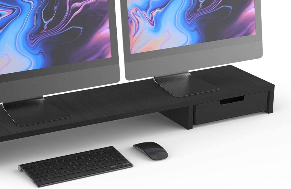 POUT E9 Dual Monitor Stand with Drawer - Adjustable Height, Wireless Charger & USB Hub for Home/Office (Deep Black) - Perfect for Gaming Setup & Workspace Organization