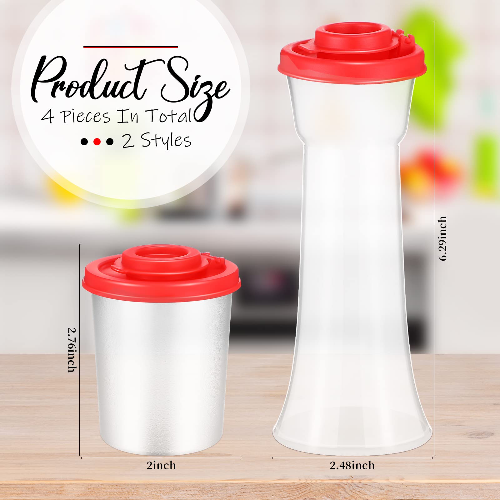 EBOOT 4-Piece Airtight Plastic Salt and Pepper Shaker Set - Hourglass Design Spice Dispenser with Lids for Kitchen, Camping, Picnics & Outdoor Dining (Red) | Perfect for Home Cooking, BBQ Parties & Travel Essentials