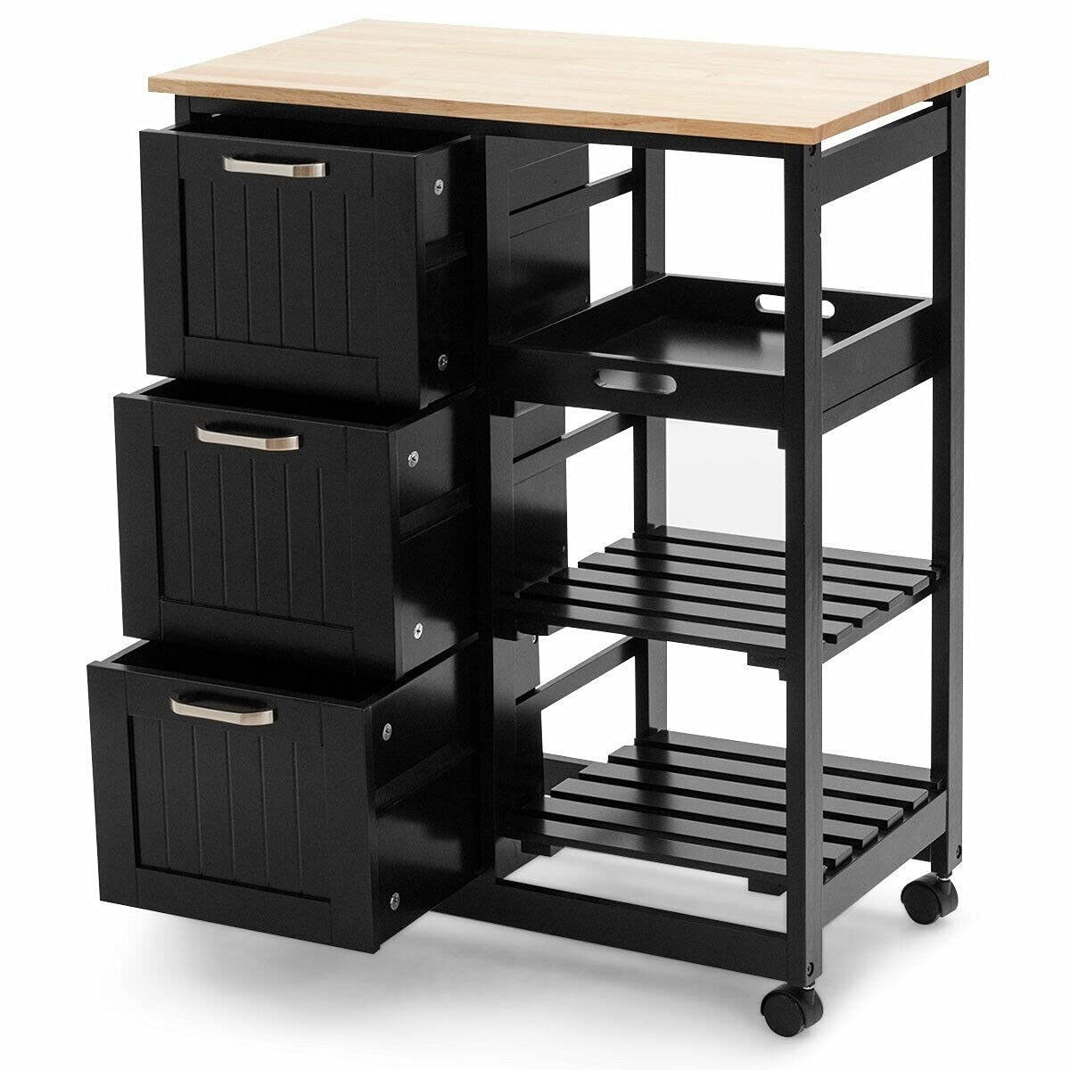 ADHW Rolling Kitchen Island Cart with 3 Storage Drawers & Shelves - Black | Mobile Kitchen Organizer for Small Spaces, Pantry Storage & Food Prep Station