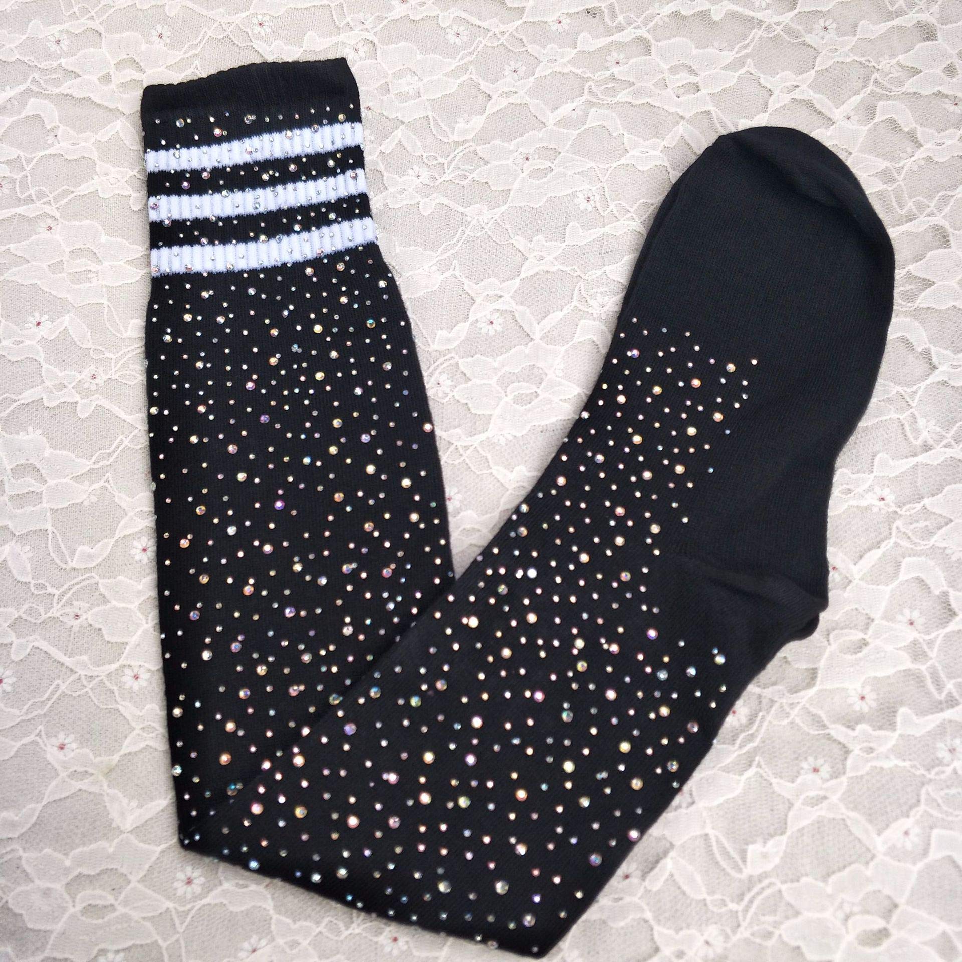 Sexy Rhinestone Over Knee Socks - Party & Casual Wear (Black+White Stripe)