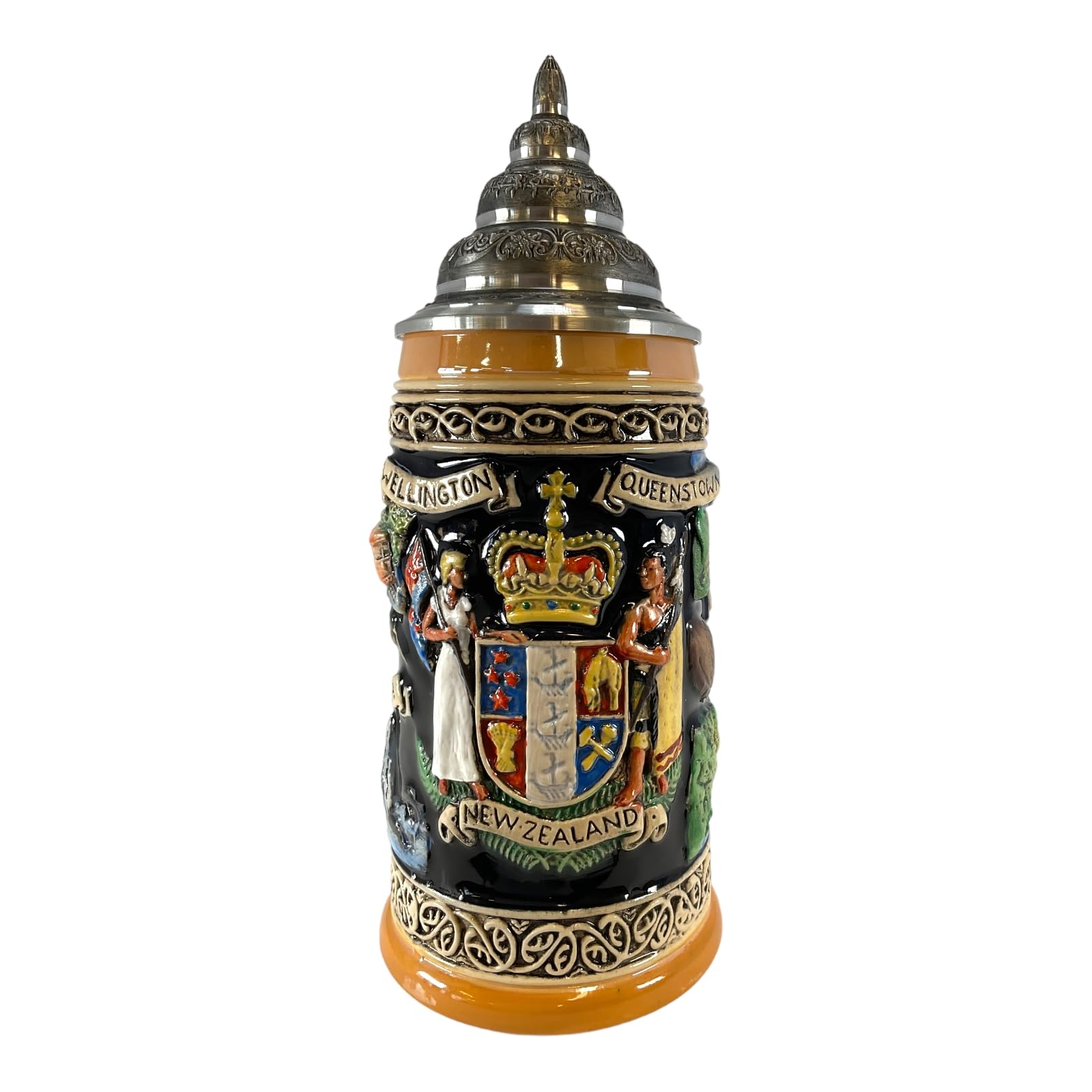 Authentic New Zealand Coat of Arms & Landmarks 0.5L German Beer Stein - Perfect for Oktoberfest, Home Bar Decor & Gift for Beer Lovers
