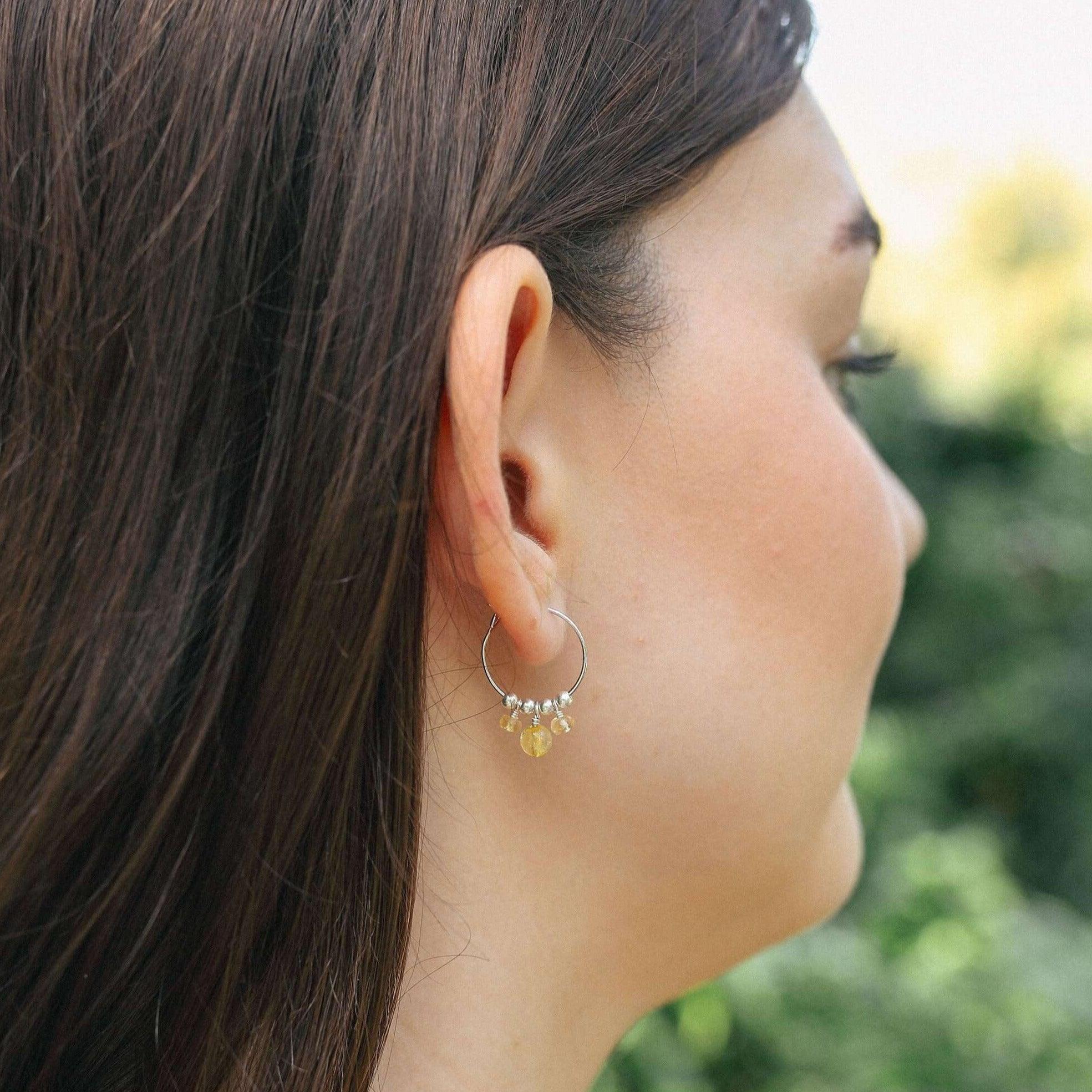 Yellow Citrine Gemstone Drop Hoop Earrings for Women - 14K Gold Plated Dangle Jewelry | Perfect for Parties, Weddings & Everyday Wear