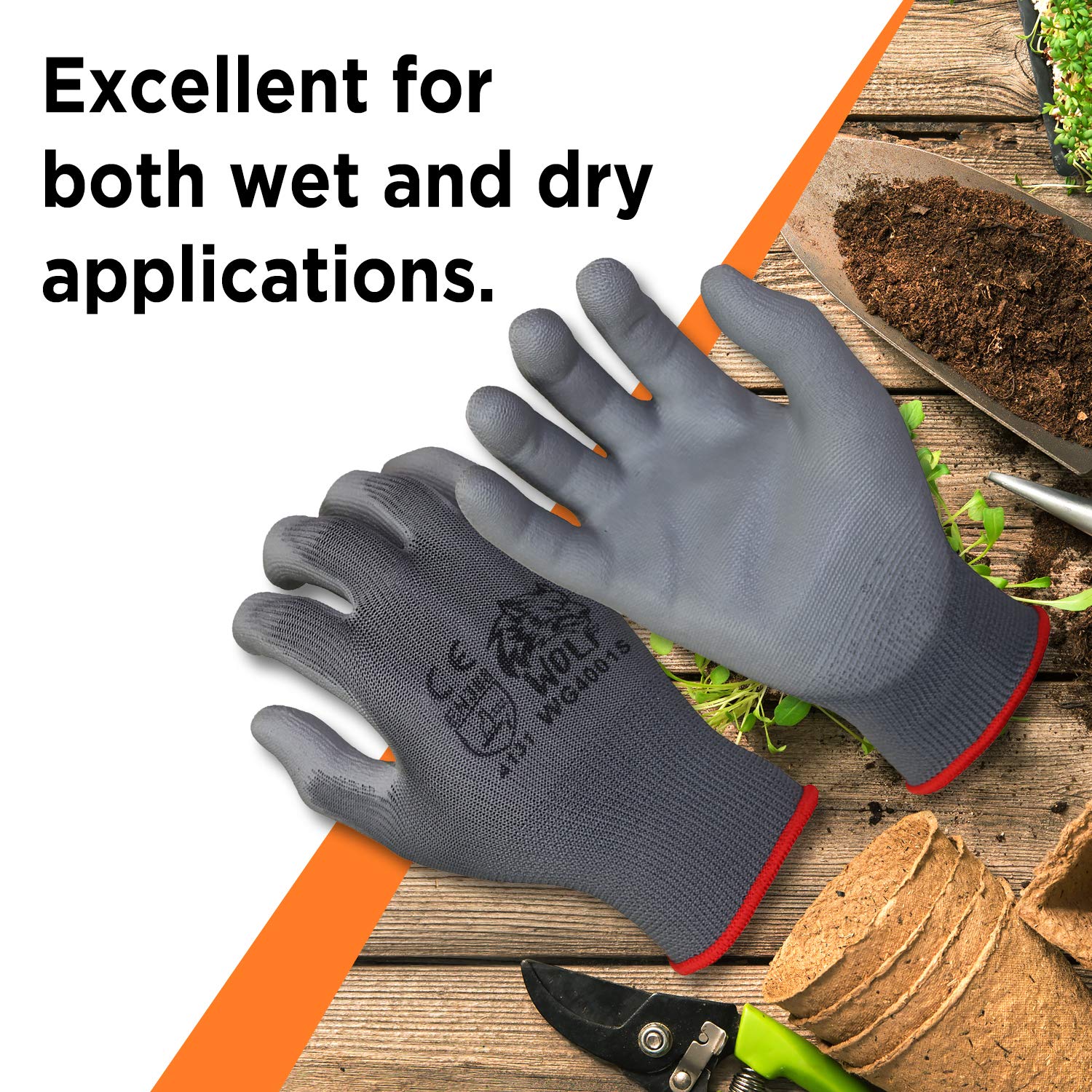 WOLF Polyurethane Palm Coated Nylon Shell Work Gloves - Durable Construction, Mechanic, Warehouse & Gardening Gloves for Heavy Duty Protection - Ideal for Yard Work, Landscaping and DIY Projects
