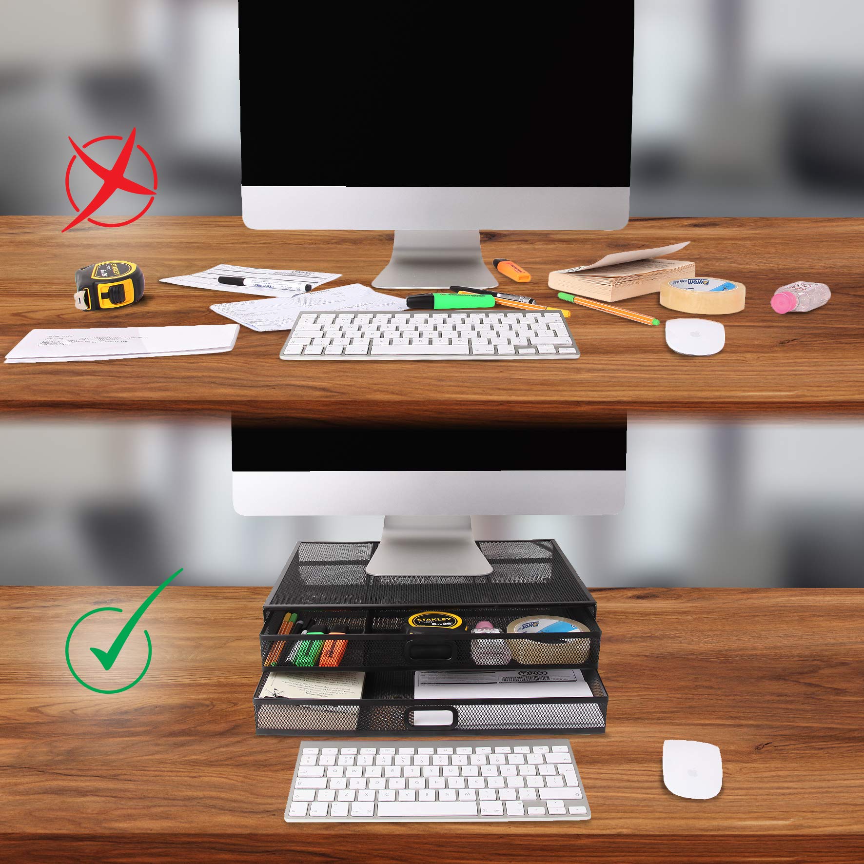 Duronic DM073 Metal Monitor Stand Riser with Storage Drawers - Ergonomic Laptop & Computer Screen Platform Desk Organizer - 40x30cm Black Office Shelf for PC Monitor (10kg Capacity) - Perfect for Home Office, Gaming Setup & Workspace Organization
