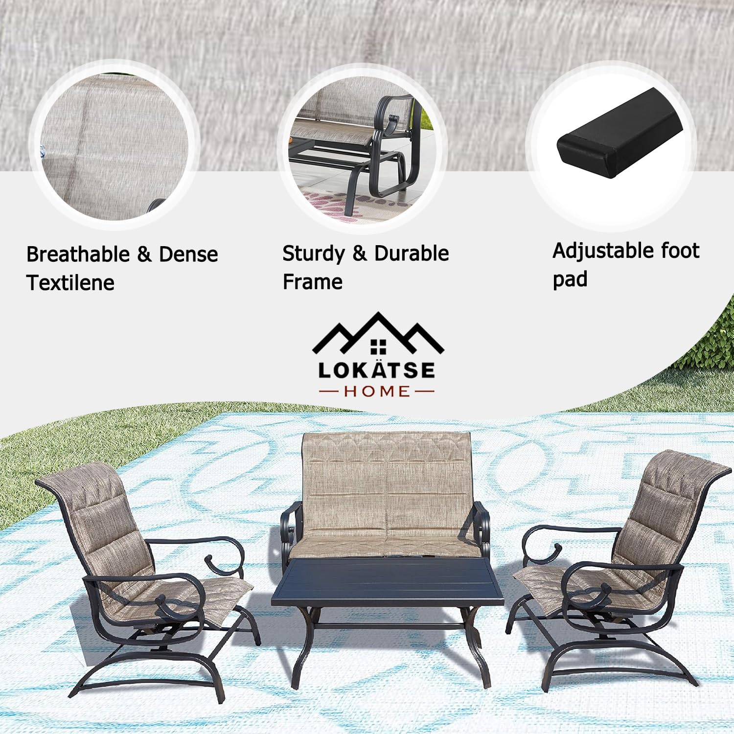 LOKATSE HOME 4-Piece Outdoor Patio Furniture Set - Metal Loveseat Glider, Single Chair & Coffee Table in Gray - Perfect for Garden, Backyard, Deck and Poolside Relaxation