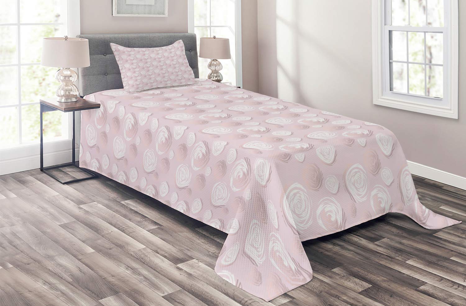 Ambesonne Romantic Floral Abstract Rose Petals Vintage Quilted Bedspread Set - 2 Piece Twin Size Coverlet with Pillow Sham in Pale Rose & White | Perfect for Guest Bedrooms, Master Suites & Bohemian Home Decor