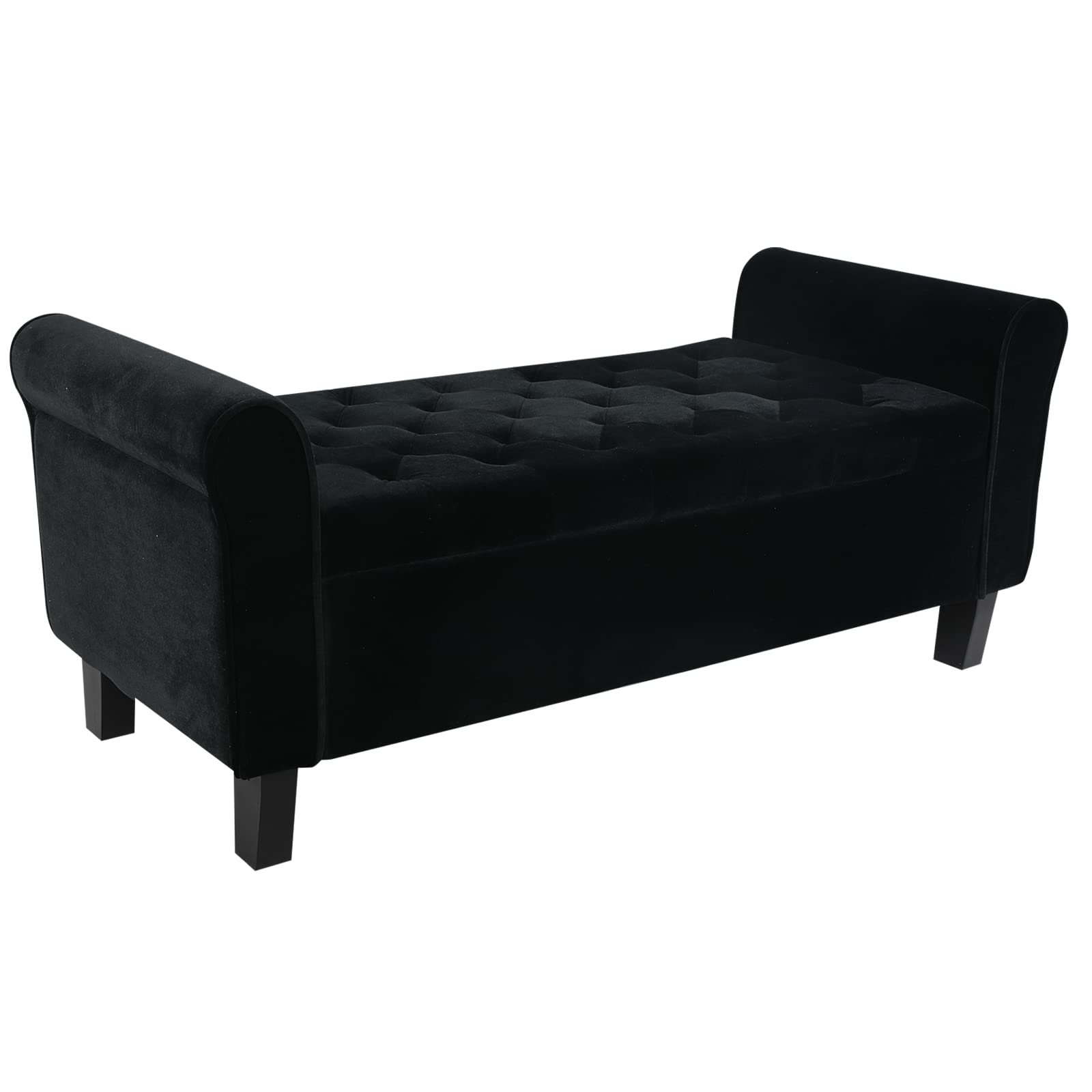 ECOMEX 52 Inch Storage Ottoman Bench - Velvet Upholstered Footstool with Hidden Storage | Rolled Arm Design for Bedroom, Living Room & Entryway | Multi-Functional Seat & Storage Solution (Black)