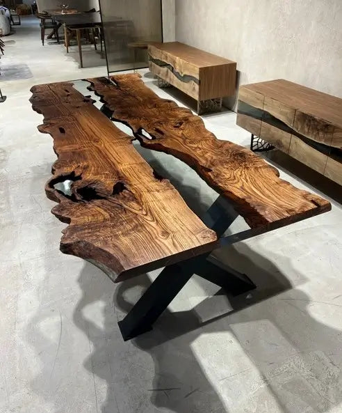 Handcrafted Live Edge Epoxy Resin River Dining Table - Solid Chestnut Wood - Perfect for Modern Farmhouse, Rustic & Contemporary Dining Rooms