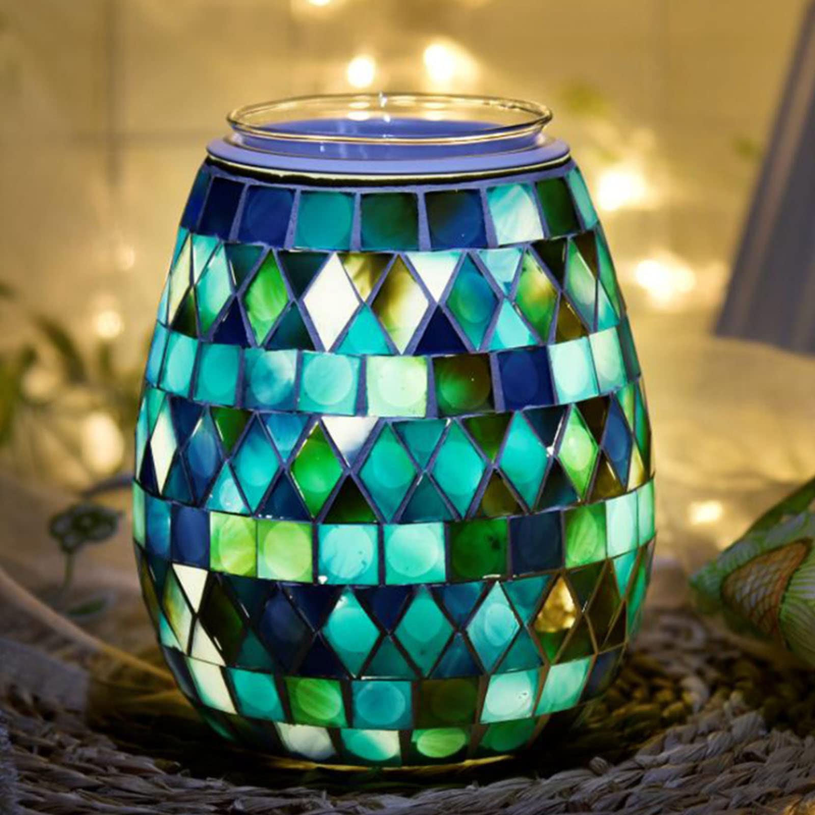 Lake Blue Triangle Mosaic Electric Candle Warmer - Aromatherapy Wax Melter with Night Light, Home Decor Gift for Bedroom, Bathroom & Living Room