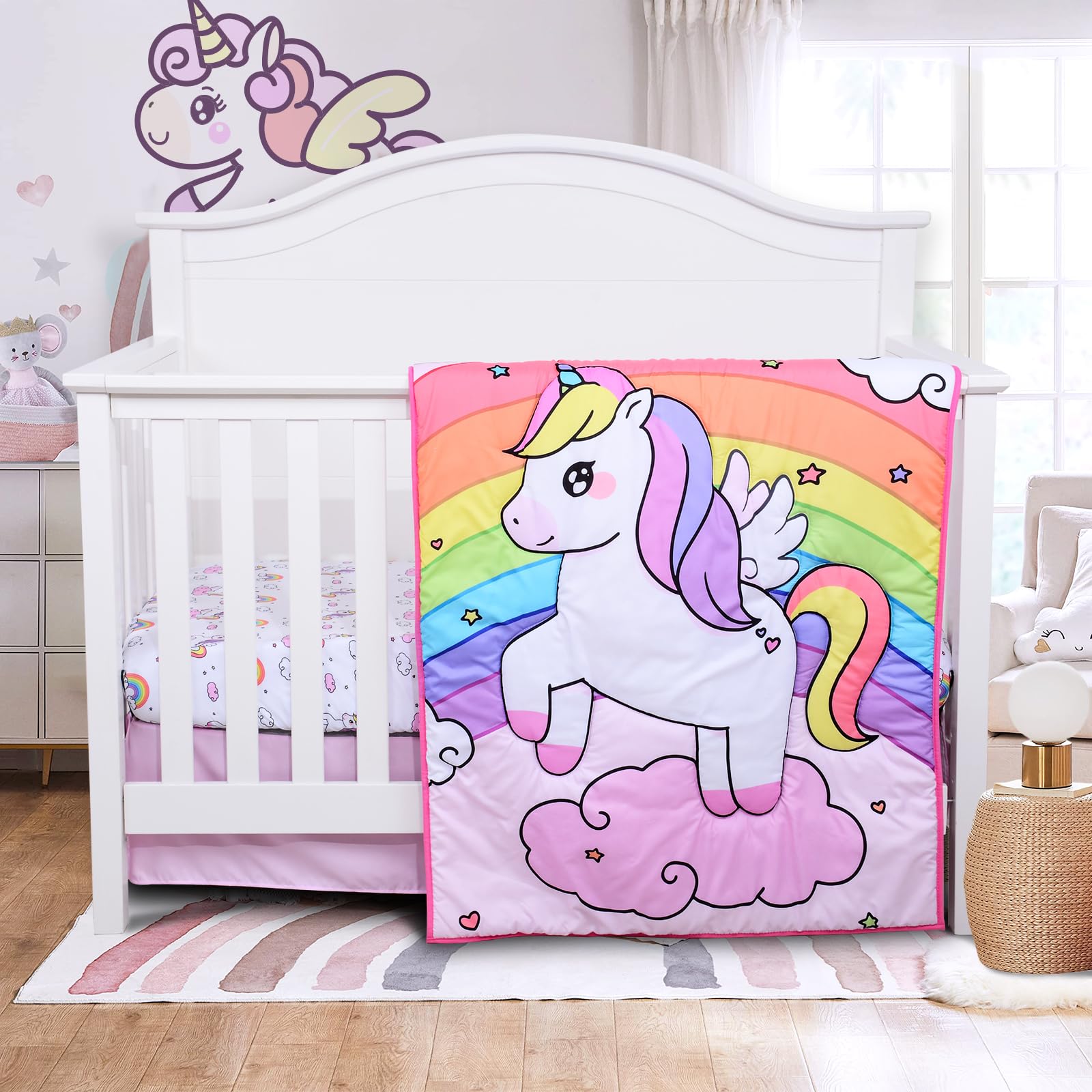 Cloele 3-Piece Unicorn Baby Crib Bedding Set for Girls - Pink Quilted Nursery Set with Comforter, Fitted Sheet & Crib Skirt, Standard Size - Perfect for Newborns & Toddlers Nursery Decor
