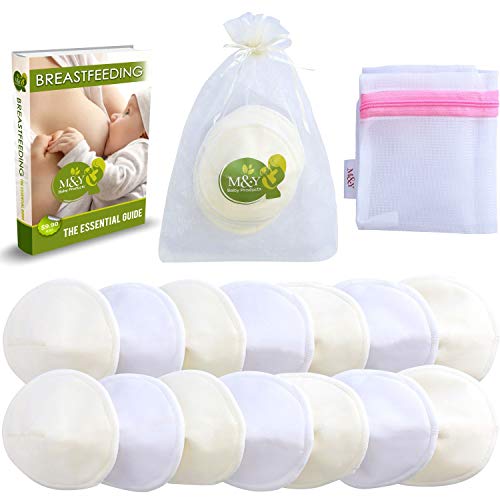 M&Y Washable Bamboo Nursing Pads - 14 Reusable Breast Pads + 3 Bonus Pads | Ultra Soft, Leak-Proof, Eco-Friendly | Size M (3.7 in) White/Beige | Perfect for Breastfeeding Moms at Home, Work & Travel