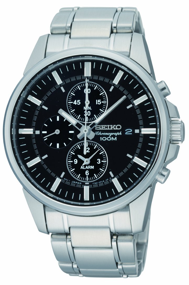 Seiko SNAF03 Men's Chronograph Watch with Black Dial, Stainless Steel Band, and Alarm Function - Perfect for Business, Casual, and Outdoor Activities