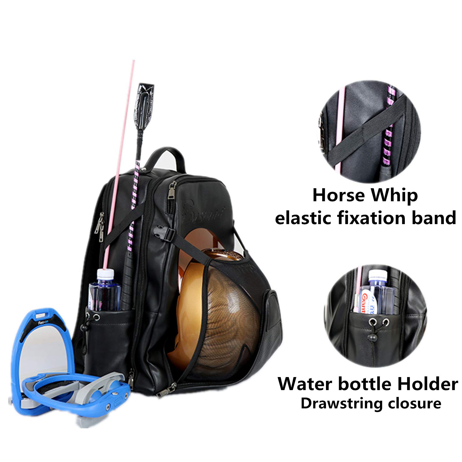 UNISTRENGH Professional Equestrian Backpack with Hidden Mesh Helmet Compartment - Waterproof Horse Riding Gear Storage Bag (Black PU Leather) - Perfect for Show Jumping, Dressage & Trail Riding
