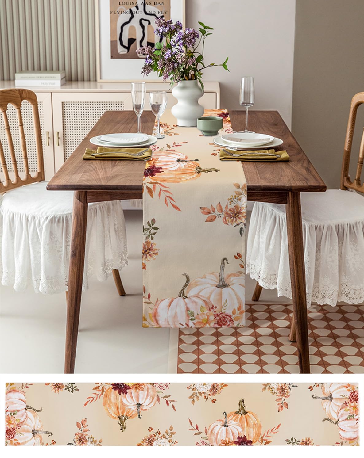 70 Inch Pink Pumpkin Fall Table Runner - Elegant Floral Harvest Decor for Thanksgiving, Autumn Dining, Coffee Table, Wedding & Banquet | 13x70 in | Perfect for Seasonal Home Decor & Holiday Gatherings