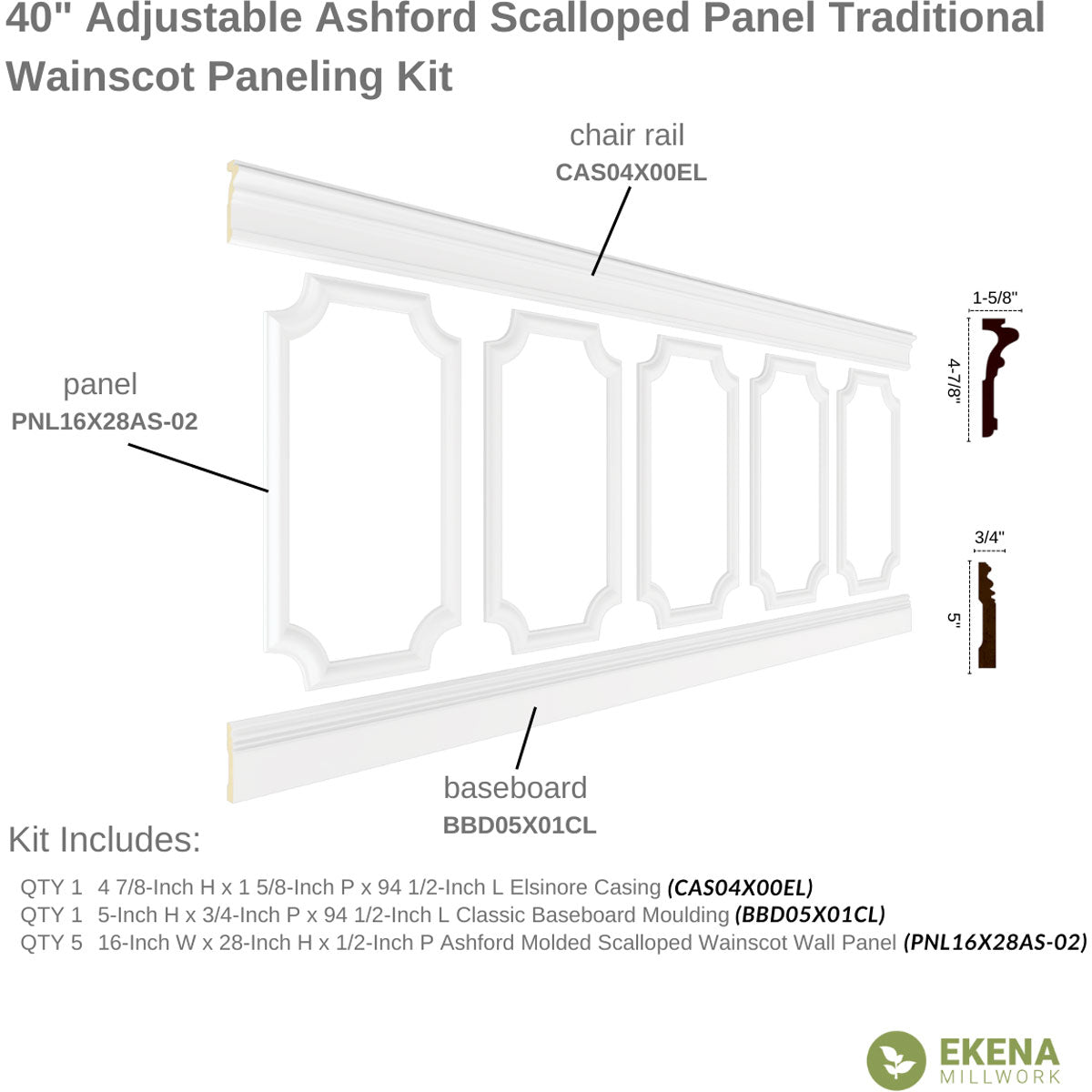 Ashford Traditional Wainscot Paneling Kit - 94.5 Inch Premium Wood Wall Paneling for Home & Office Decoration | Easy DIY Installation for Living Room, Bedroom, Dining Room & Hallway