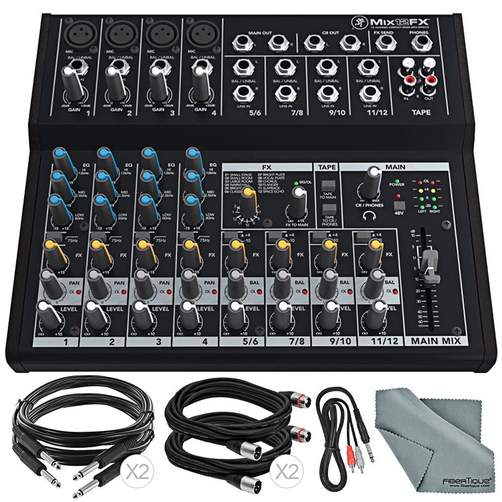 Mackie Mix12FX 12-Channel Compact Audio Mixer with Built-In FX - Professional Studio & Live Sound Mixing Bundle Includes XLR Cable, 1/4