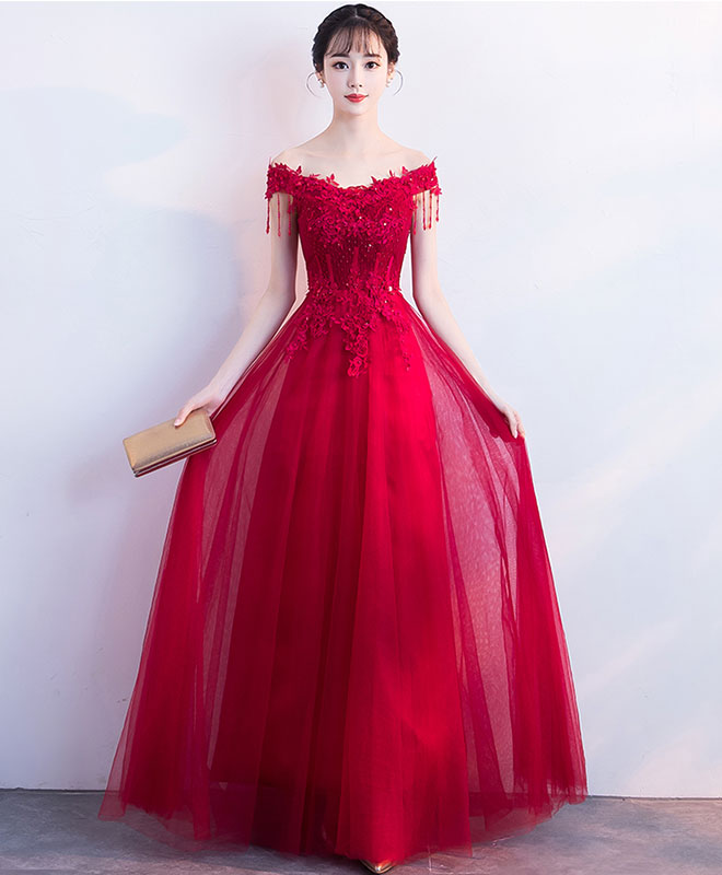 Elegant Burgundy V-Neck Tulle Lace Long Prom Dress & Bridesmaid Gown - Perfect for Formal Dances, Weddings & Special Occasions