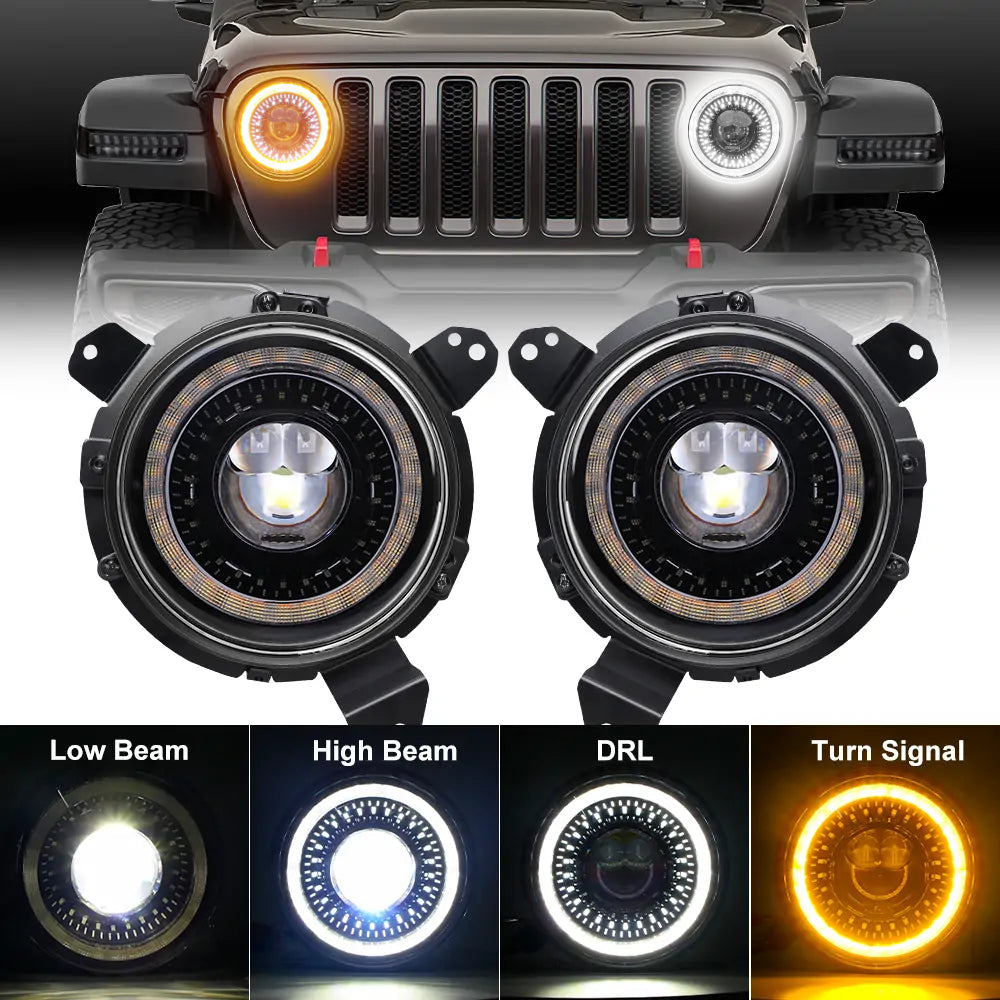 7'' LED Headlights & 9'' Bracket Ring with Fender Turn Signal Lights - Compatible with 2018-2023 Jeep Wrangler JL & Gladiator JT - Off-Road Adventure & Night Driving Upgrade