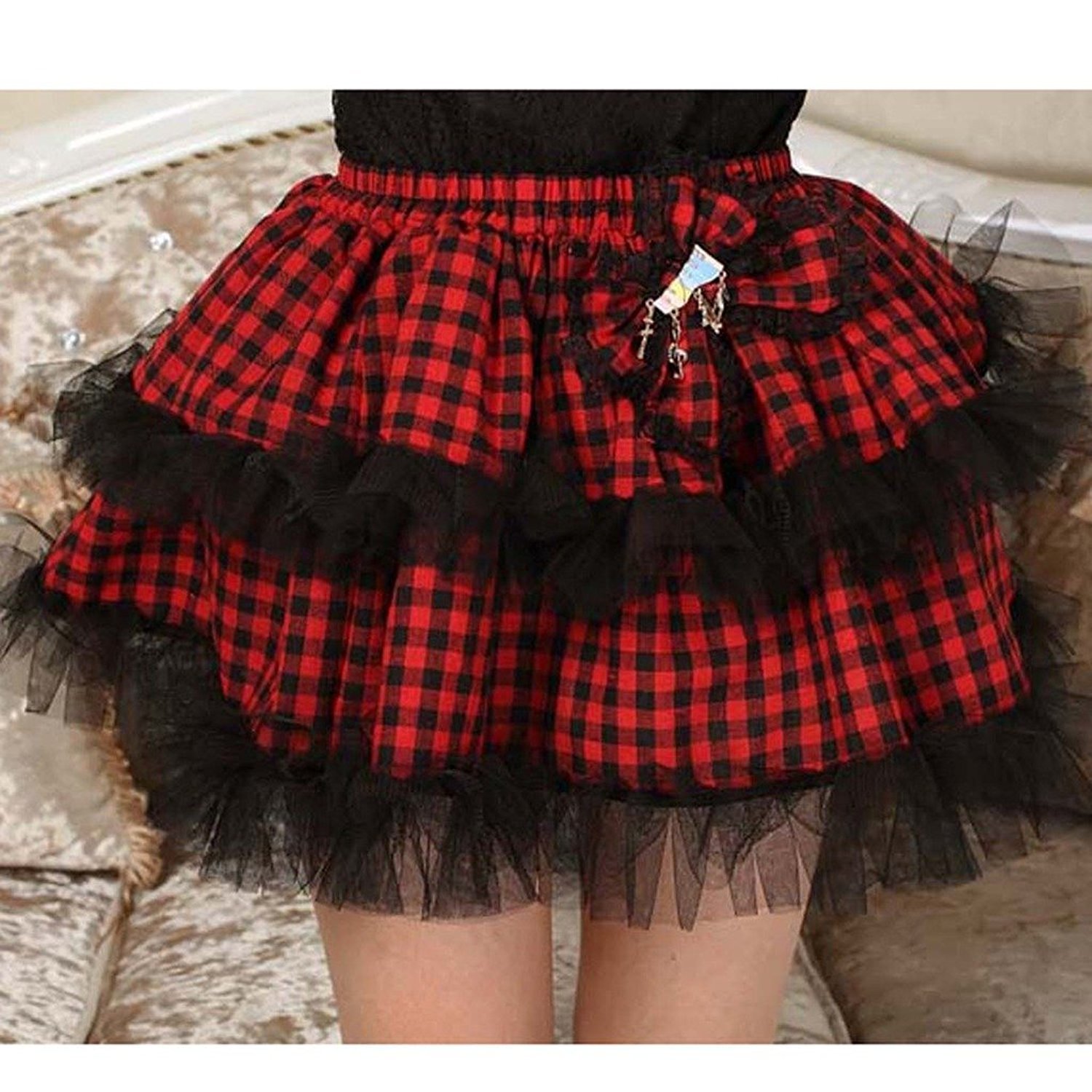 Stylish Red and Black Plaid Polyester Lace Lolita Skirt for Women - Perfect for Cosplay, Gothic Fashion, and Kawaii Outfits
