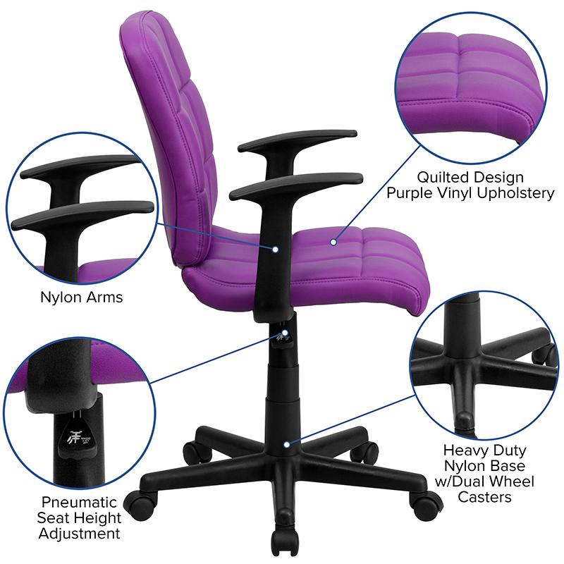 FLASH Clayton Mid Back Black Quilted Vinyl Swivel Task Office Chair with Arms - Ergonomic Desk Chair for Home Office, Computer Workstation & Conference Room
