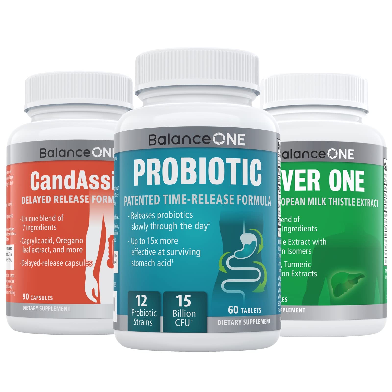 Balance ONE 3-in-1 Probiotic, CandAssist & Liver Support Bundle | 15 Billion CFU Probiotic with Caprylic Acid & Milk Thistle | Natural Digestive & Liver Cleanse Supplement | Supports Gut Health, Yeast Balance & Detox for Daily Wellness