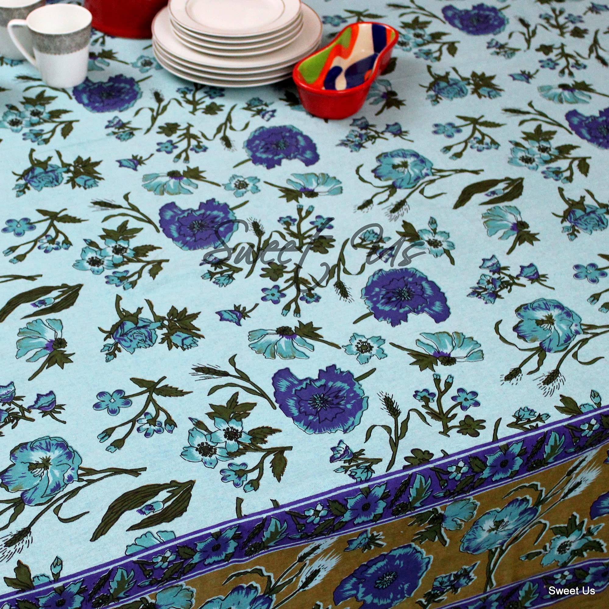 Olive Green Blue Purple Floral Vine Cotton Tablecloth - 70 x 106 Inch Rectangle Table Cover for Indoor & Outdoor Dining, Parties, Picnics & Home Decor