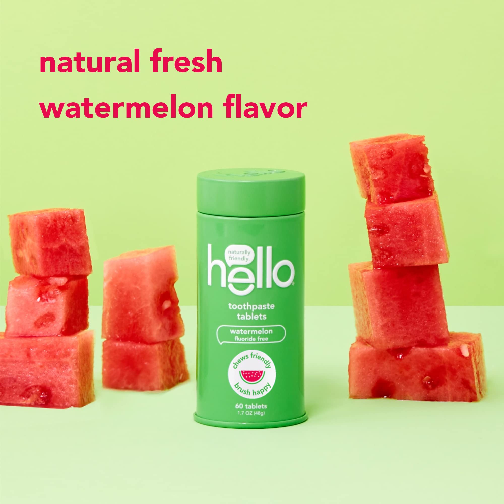 Hello Kids Watermelon Toothpaste Tablets - Natural Watermelon Flavor, Fluoride-Free, Vegan & Eco-Friendly Travel Toothpaste (60 Tablets) | Plastic-Free, TSA Compliant & SLS Free for Kids Oral Care at Home & On-The-Go