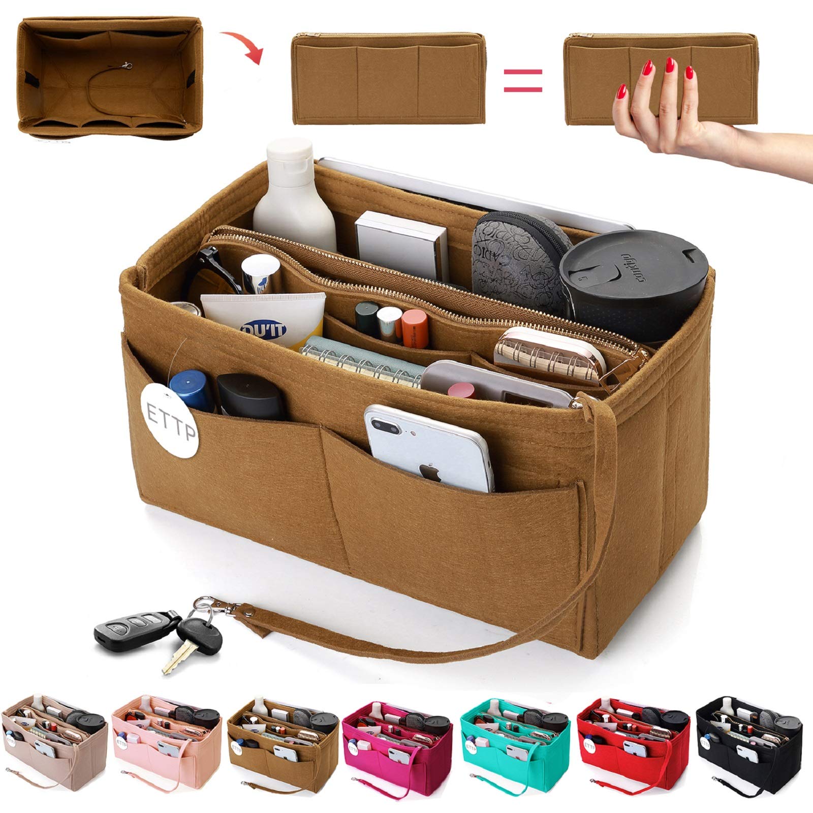 Premium Felt Purse Organizer Insert with Metal Zipper - Handbag Organizer for Speedy, Neverfull & Tote Bags - 7 Colors & 5 Sizes - Perfect for Travel, Work & Daily Use