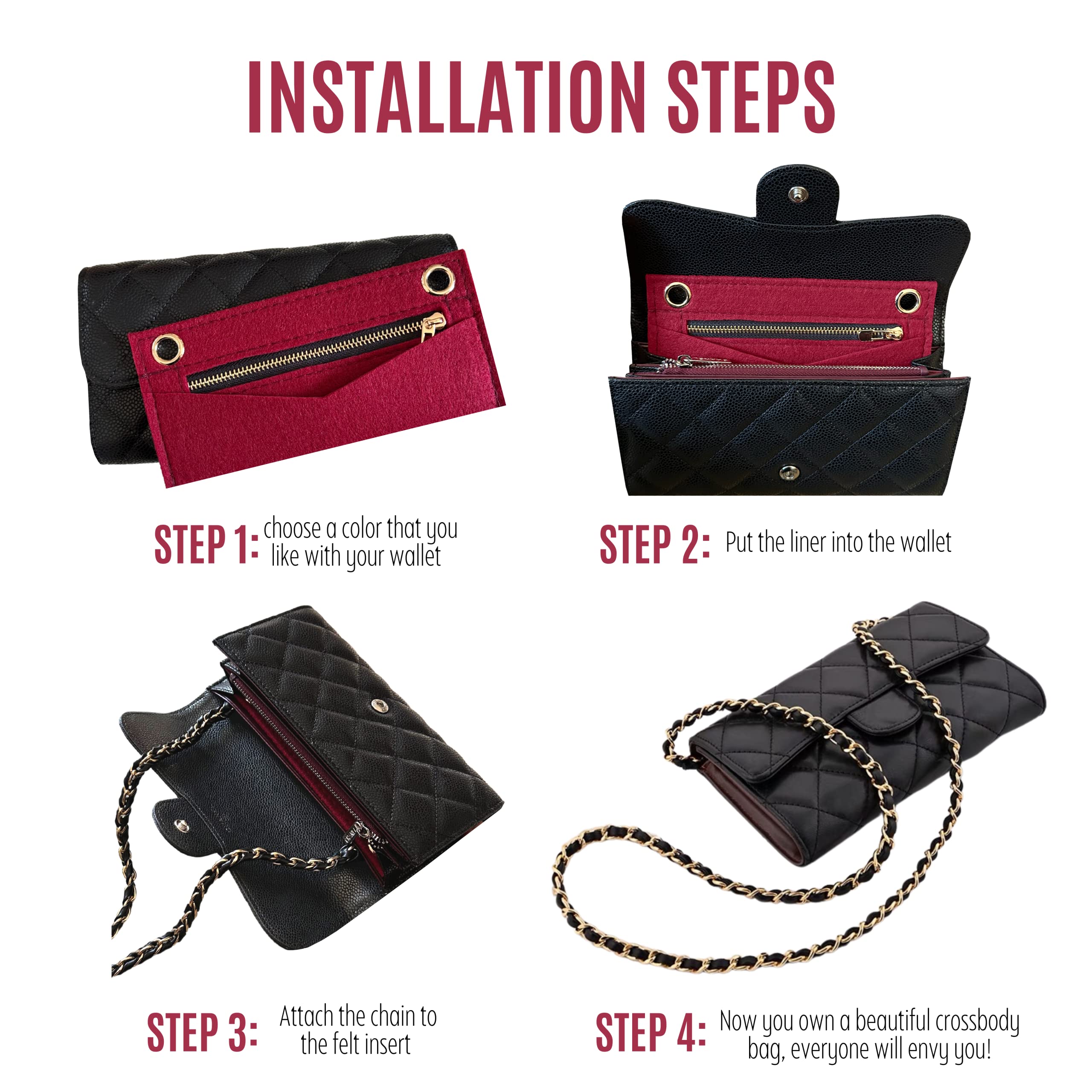 Long Wallet Conversion Kit for Long Flap Wallet Insert & Chain Strap - Gold/Silver Card Holder Crossbody Converter Kit with 120cm Leather Chain (Black) - Perfect for Everyday Use, Travel & Fashion Accessories