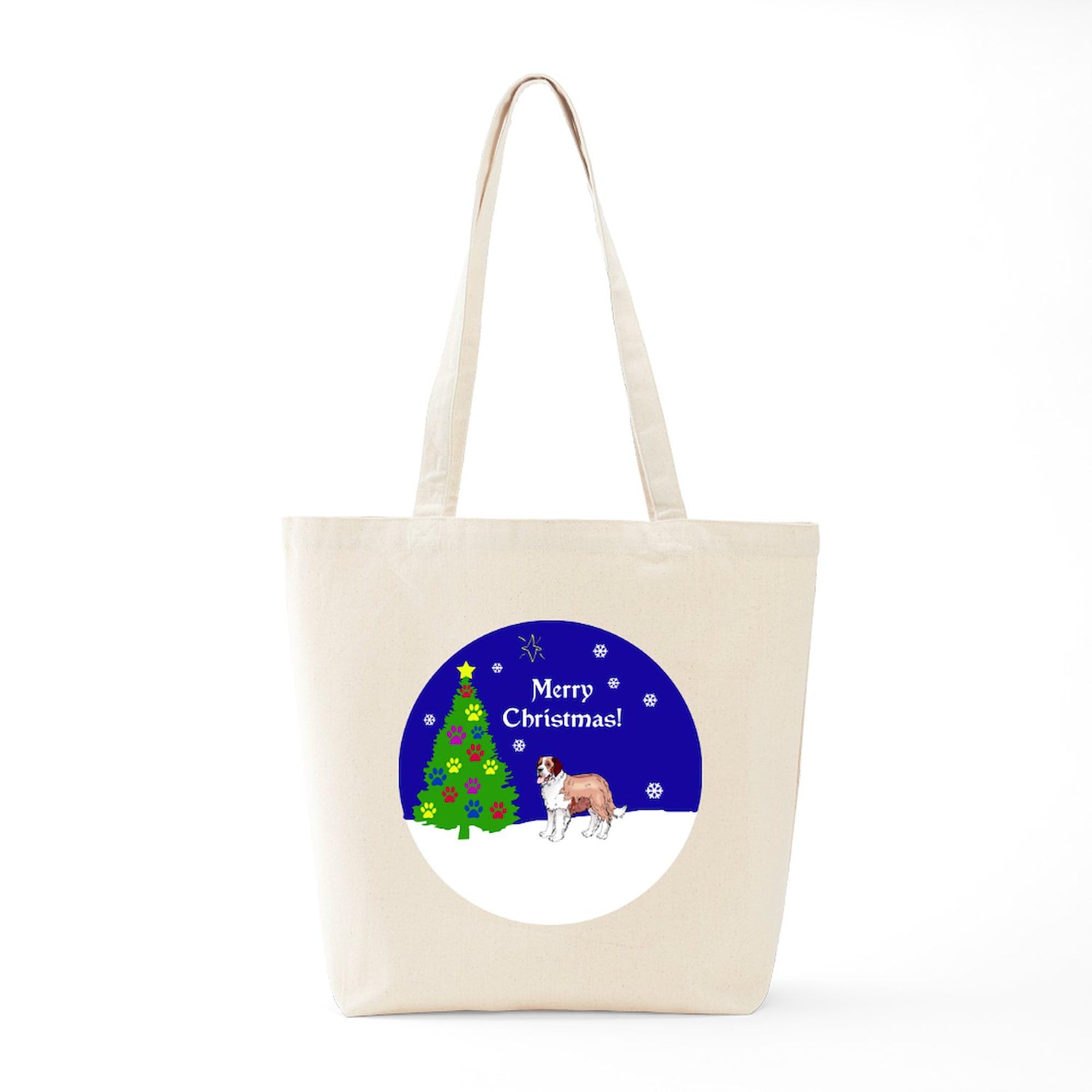 St Bernard Christmas Tote Bag - Natural Canvas Reusable Shopping Bag for Holiday Gifts, Groceries & Everyday Use